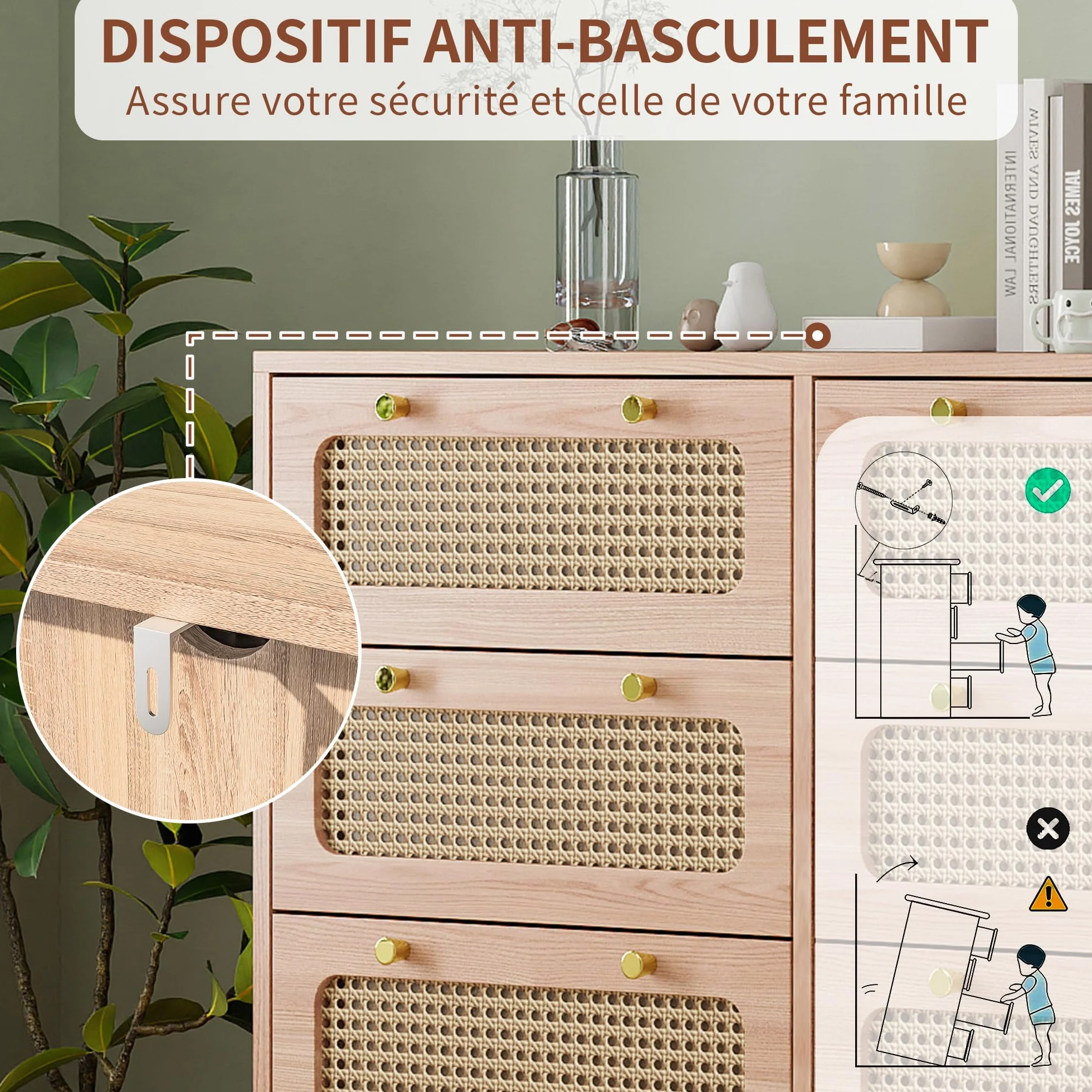 FOERPL Cómoda con 6 Cajones, 100 x 34 x 73 cm, Cómoda de Madera y Ratán, Mueble de Almacenamiento de Madera para Oficina, Salón o Dormitorio, Ratán PE