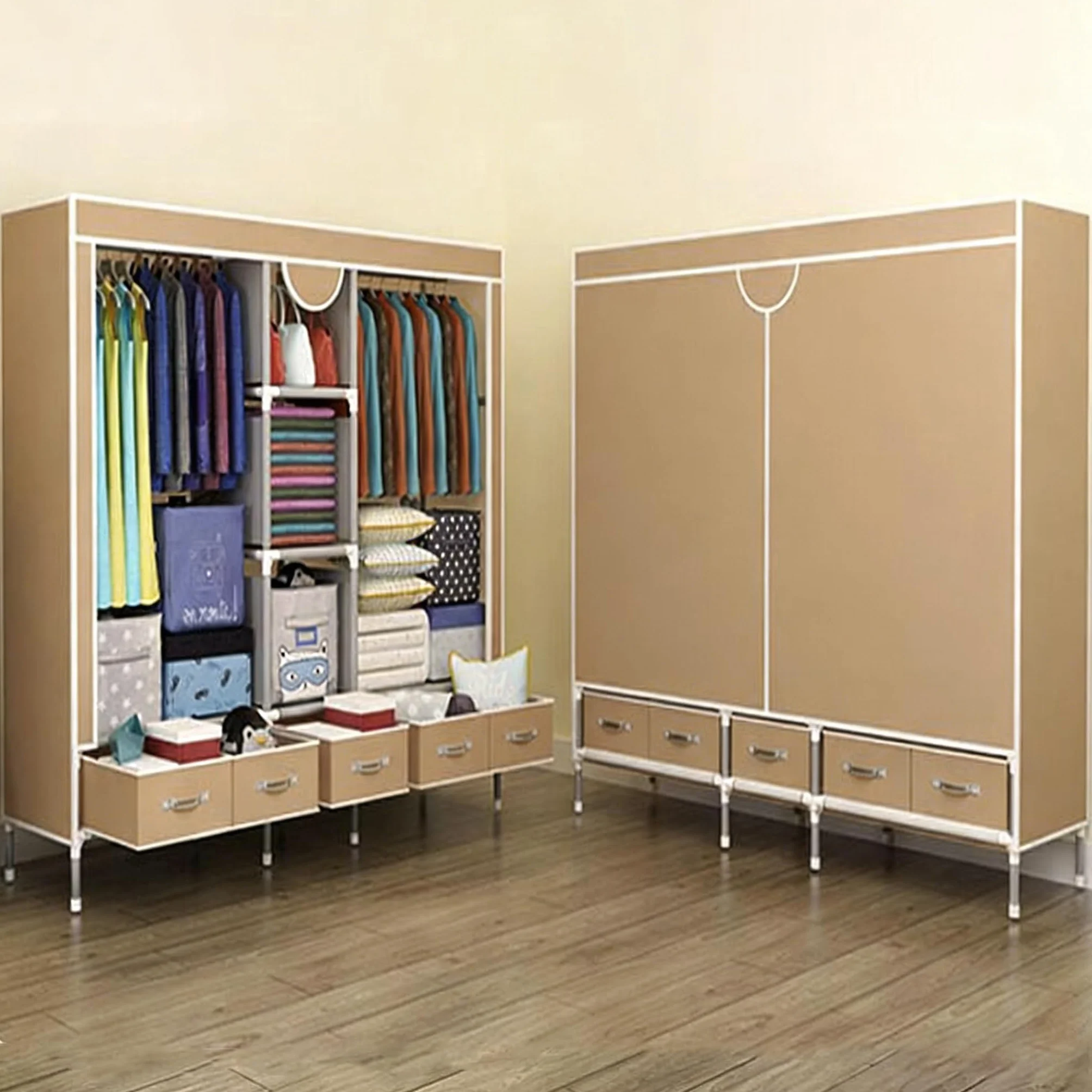Armario de Tela Portátil, Organizador de Ropa con Barra para Colgar, 5 Cajones de Tela, Compartimentos para Zapatos, Plegable, 185x45x170CM, Marrón Claro