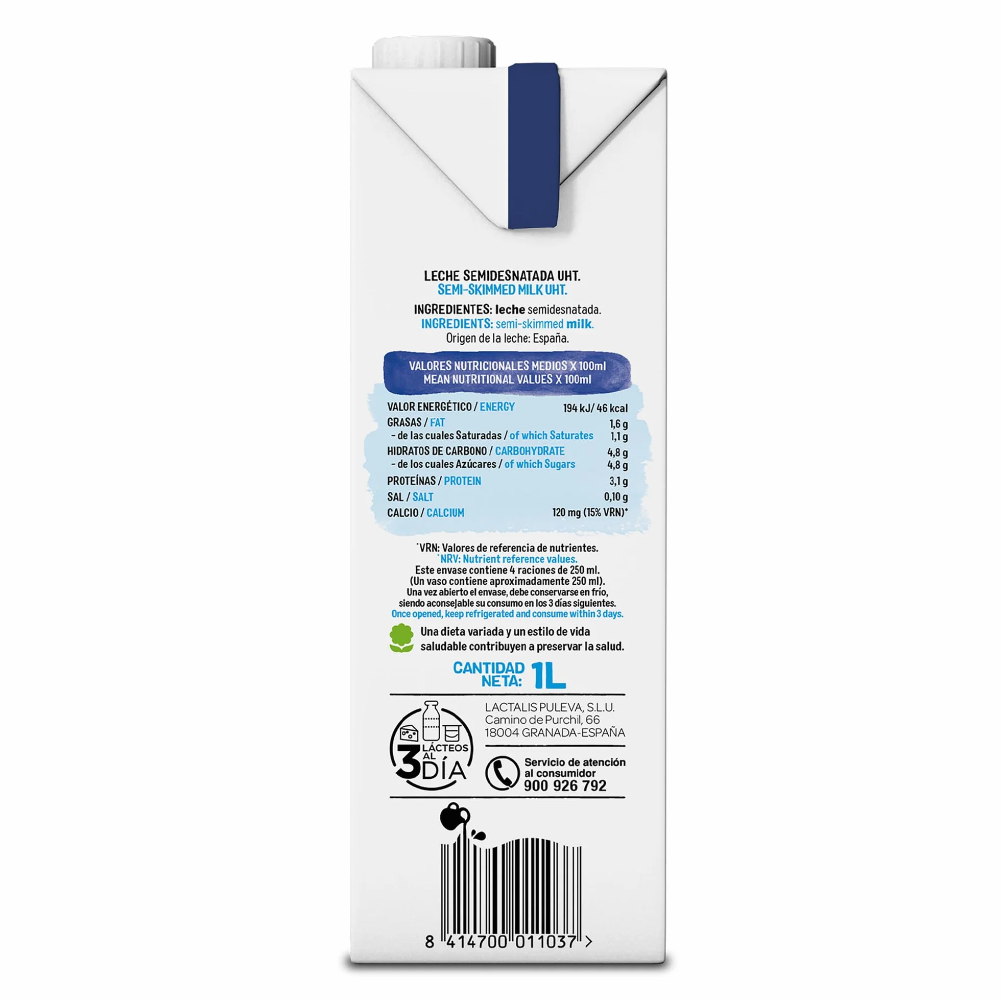 Lauki Leche Semidesnatada Bienestar Animal Sin Azúcar Añadido Sin Gluten Brik UHT Pack 6 x 1L
