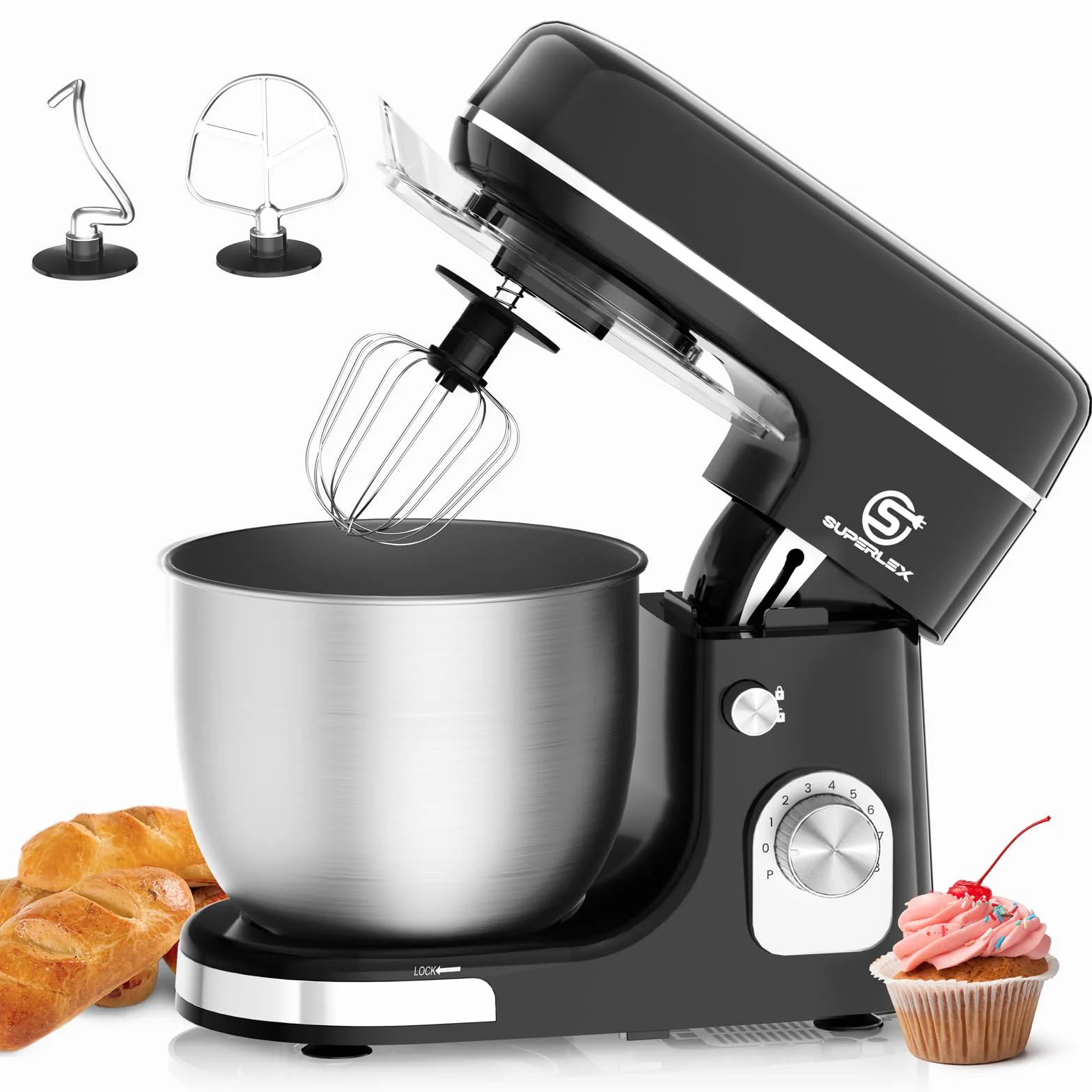 Robot de Cocina 3 en 1 con 1300W y Bol de Acero Inoxidable de 5L Robot Multifuncional de Cocina con 8 Velocidades Amasadora y Batidora con Gancho de Amasar, Batidor y Varillas