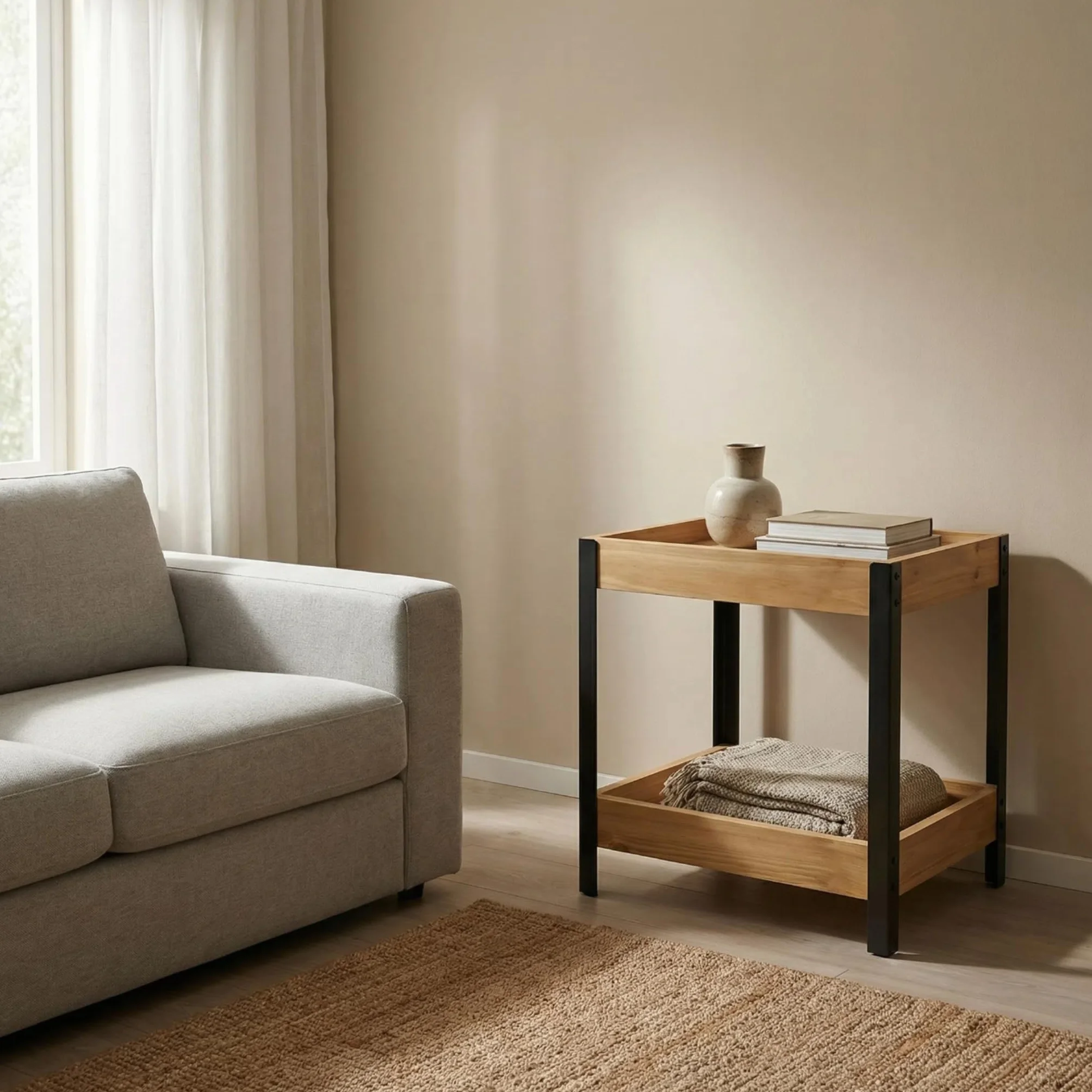 XZ-22222 Estantería con 2 Estantes de Madera y Metal 25x15x37.5cm - Mueble Auxiliar Multiuso para Almacenaje, Ideal para Baño, Cocina, Dormitorio