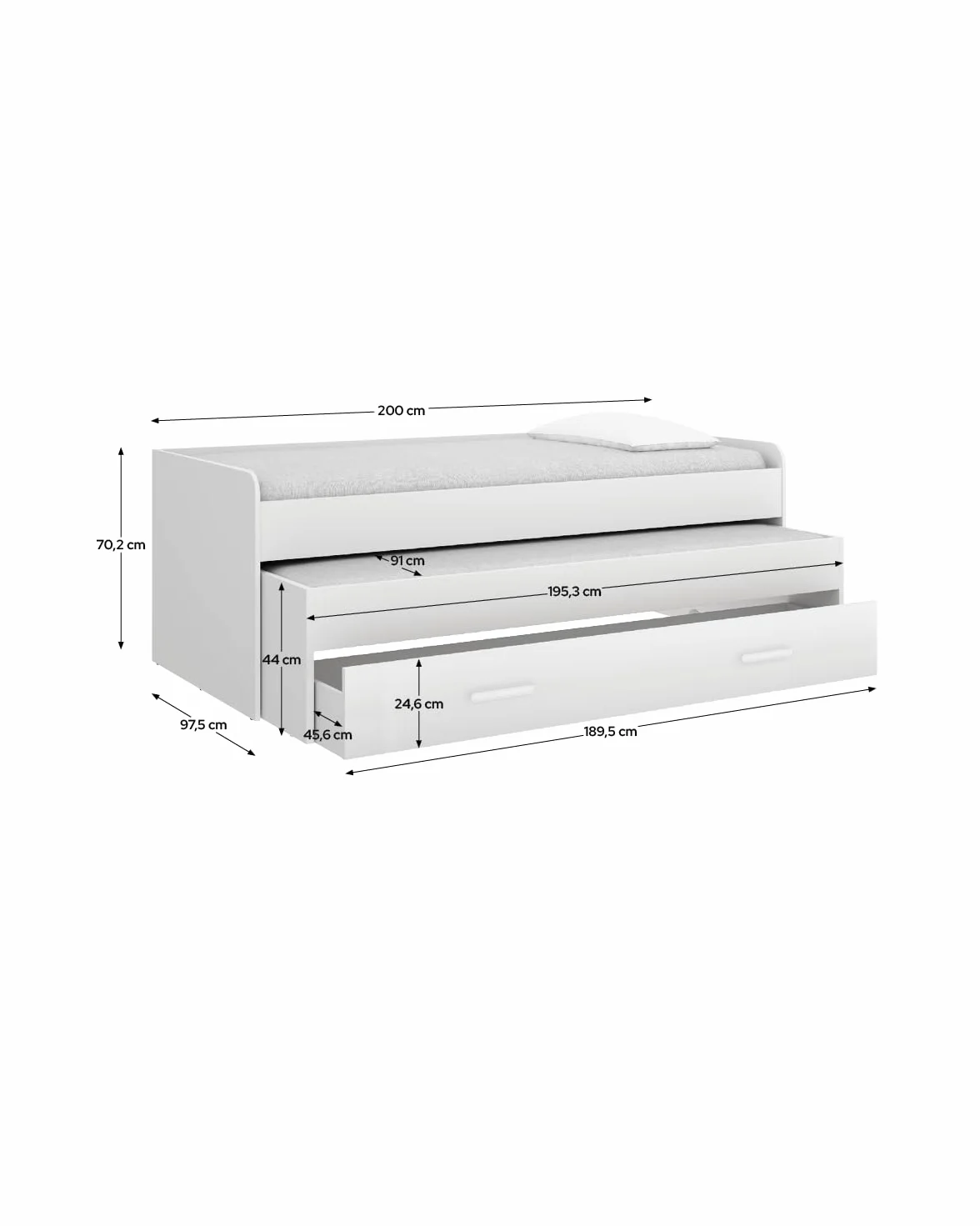 DEKIT Grupo RIMOBEL - Cama COMPACTA 190X90 - PEMA - - Blanco - 70x200x98cm