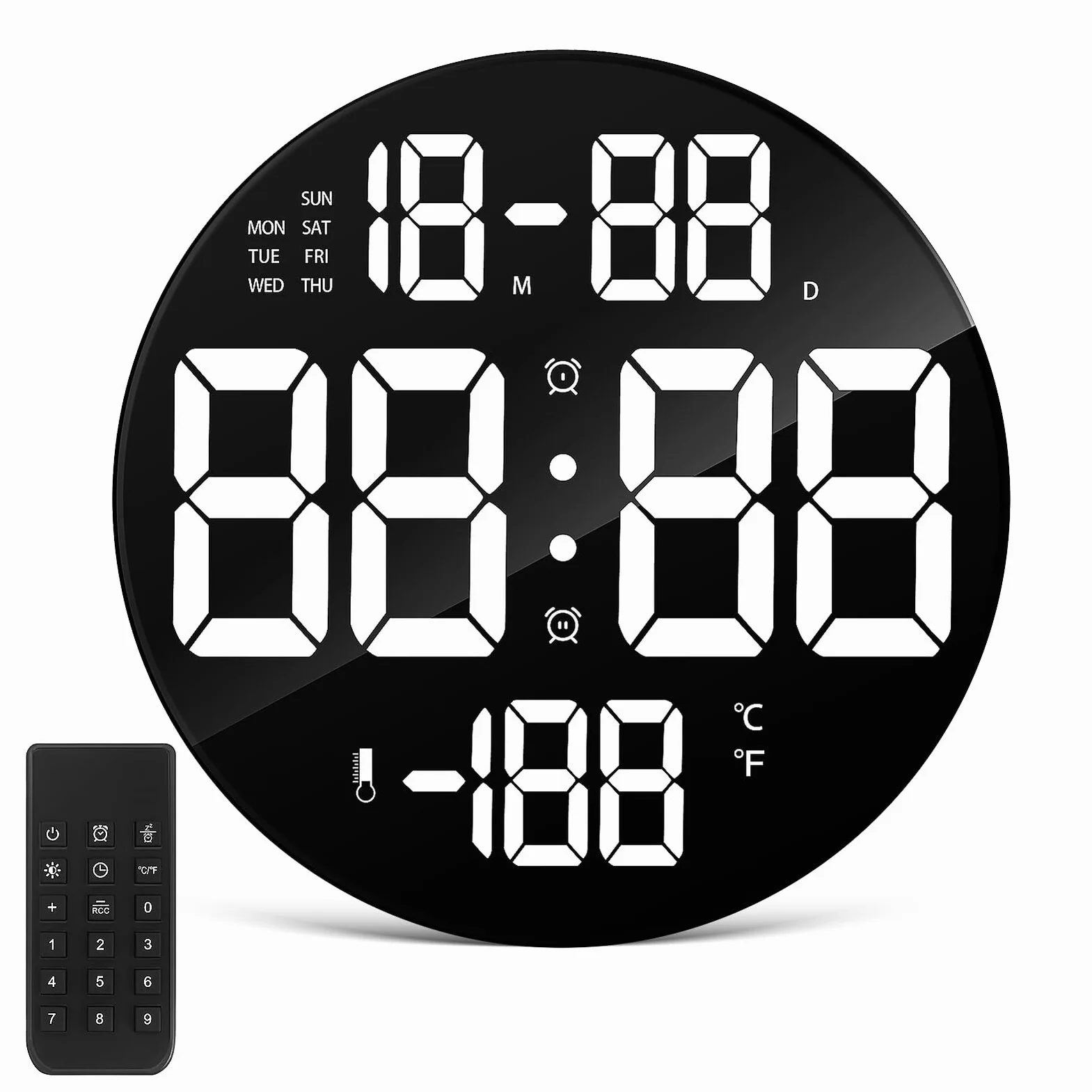 NUOBESTY Reloj Digital de Pared y Sobremesa LED con Mando Distancia Alarma Calendario Temperatura Brillo Ajustable y Soporte Desmontable para Dormitorio y Oficina