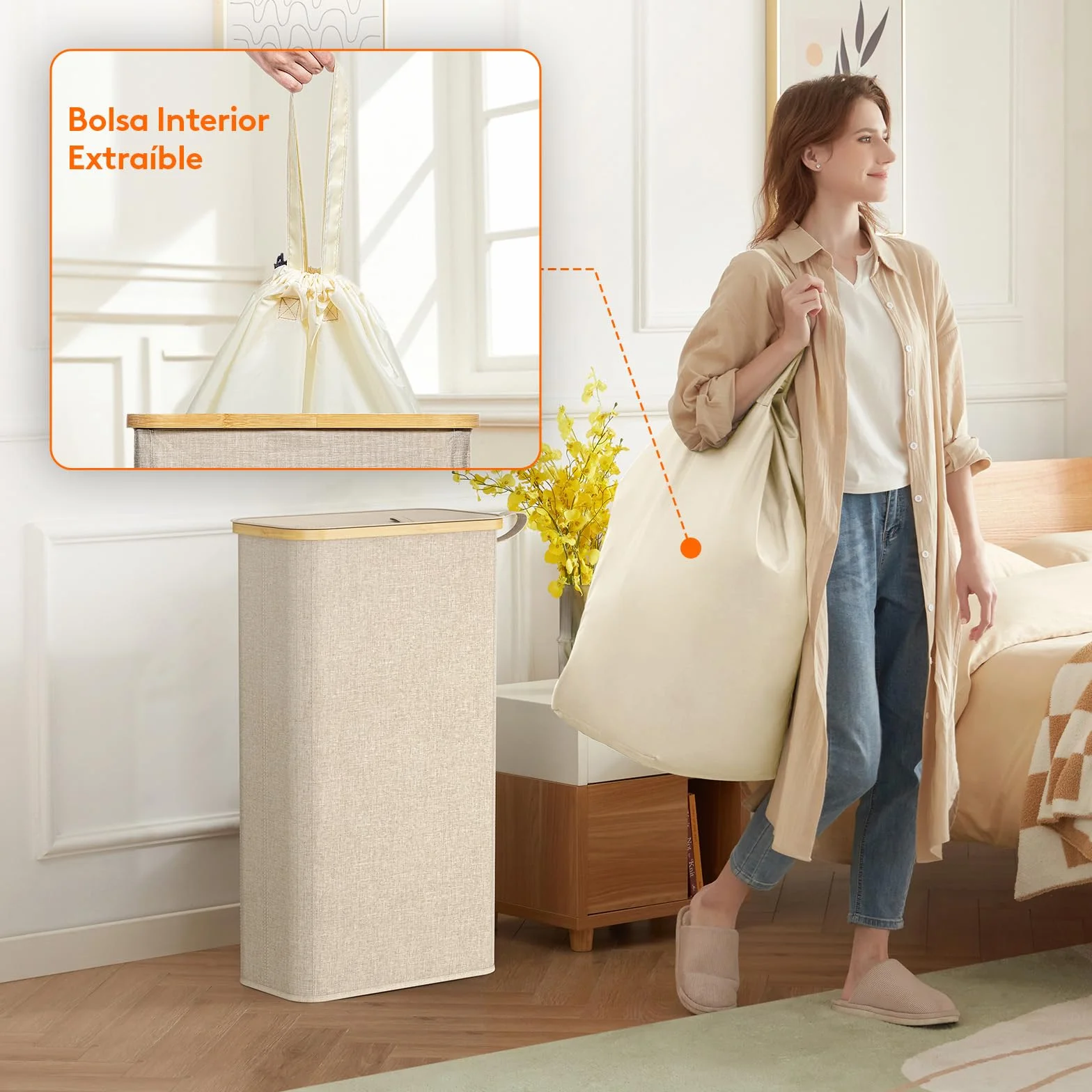 Lifewit Cesto Ropa Sucia Estrecho con Tapa, Cesto de Ropa Plegable con Bolsa Extraíble y Asa, Cesta Ropa Sucia de Bambú, Cubo de Ropa para Dormitorio, Baño, Lavandería, Dormitorio, 70 L, Beige