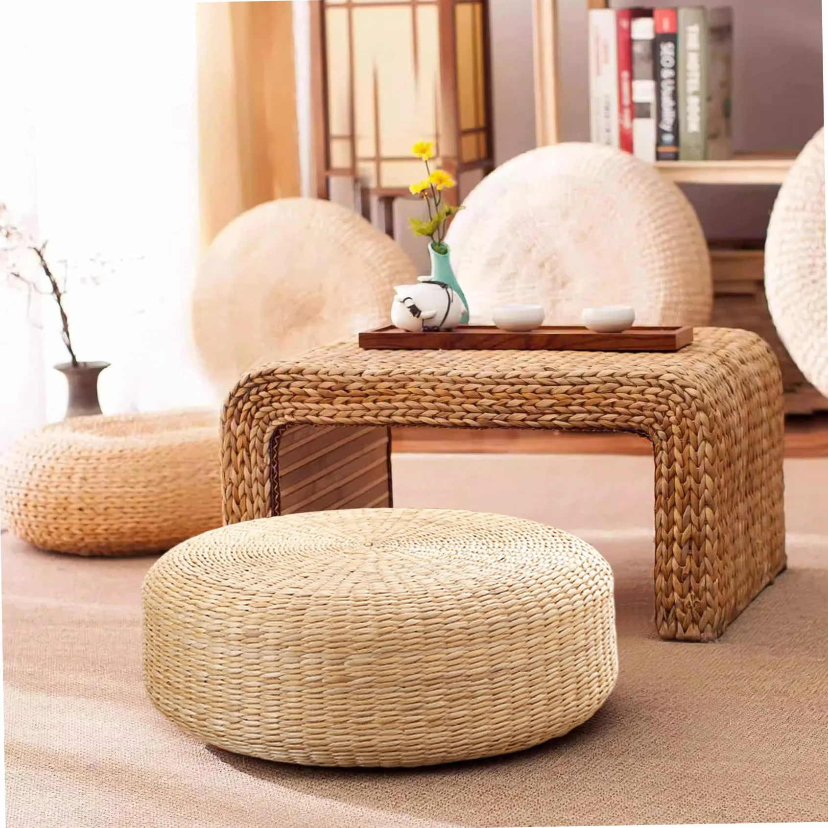 Cojín de Suelo de Tatami, Tejido Natural, Cojines de 16 Pulgadas para Sentarse, Meditación, Sala de Estar
