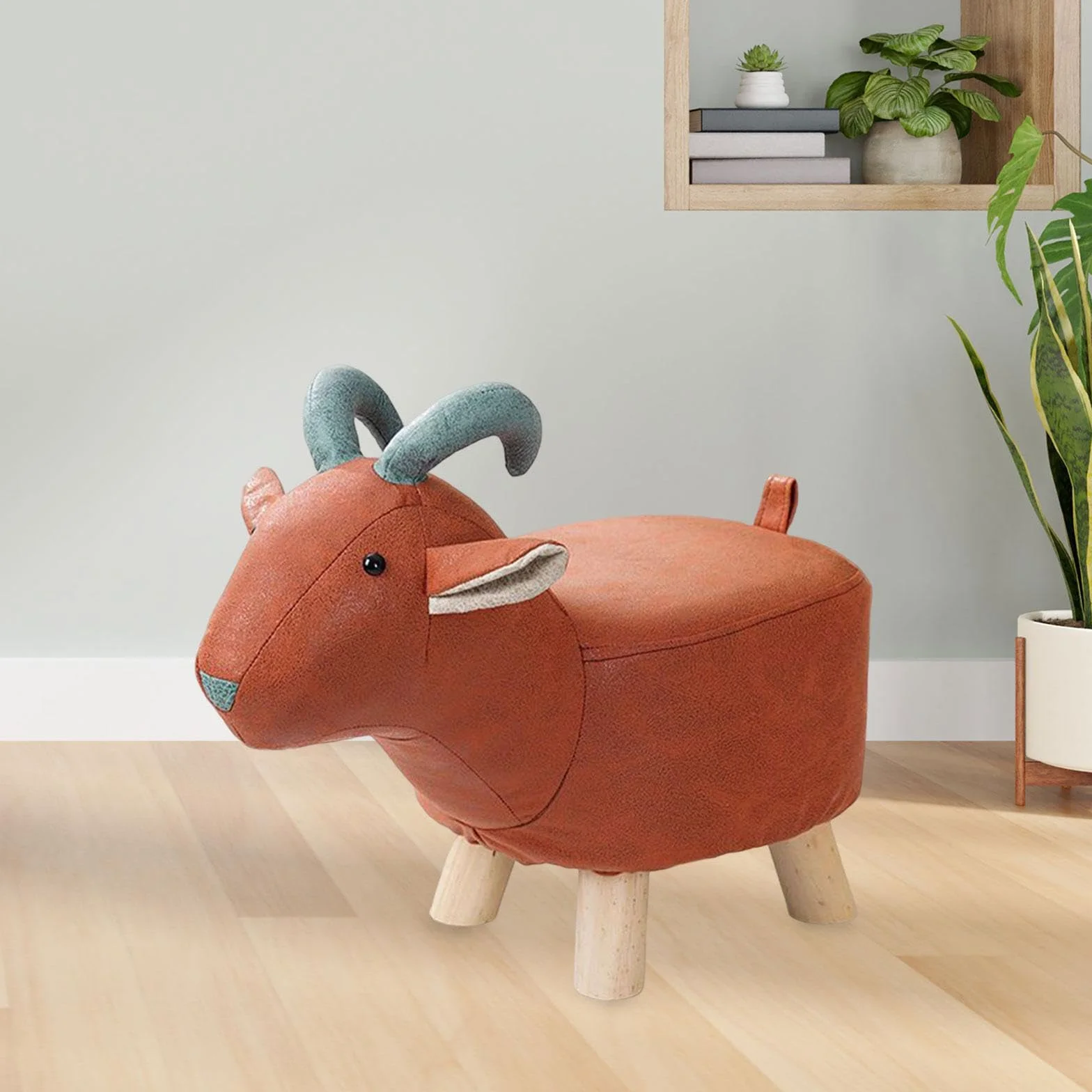 Perfk Madera Reposapiés Otomano Animal Portátil Multifuncional Taburete de Té Cabra Roja