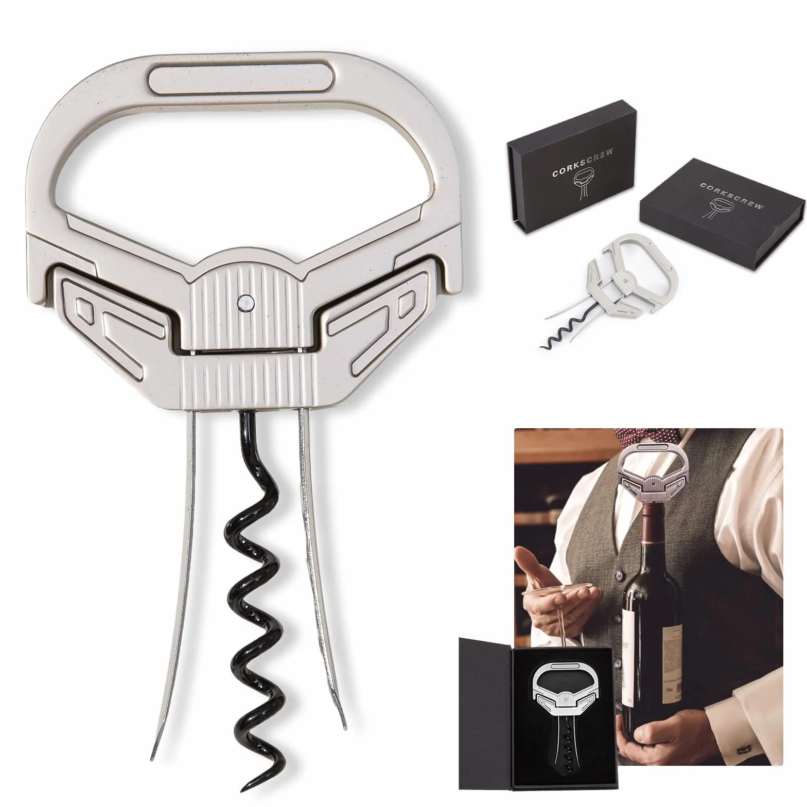 Ah So - Juego de abridor de vino con cortador de cápsulas, sacacorchos para vinos antiguos, sacacorchos de dos dientes, abridor de botellas de vino de acero inoxidable, set de regalo para los