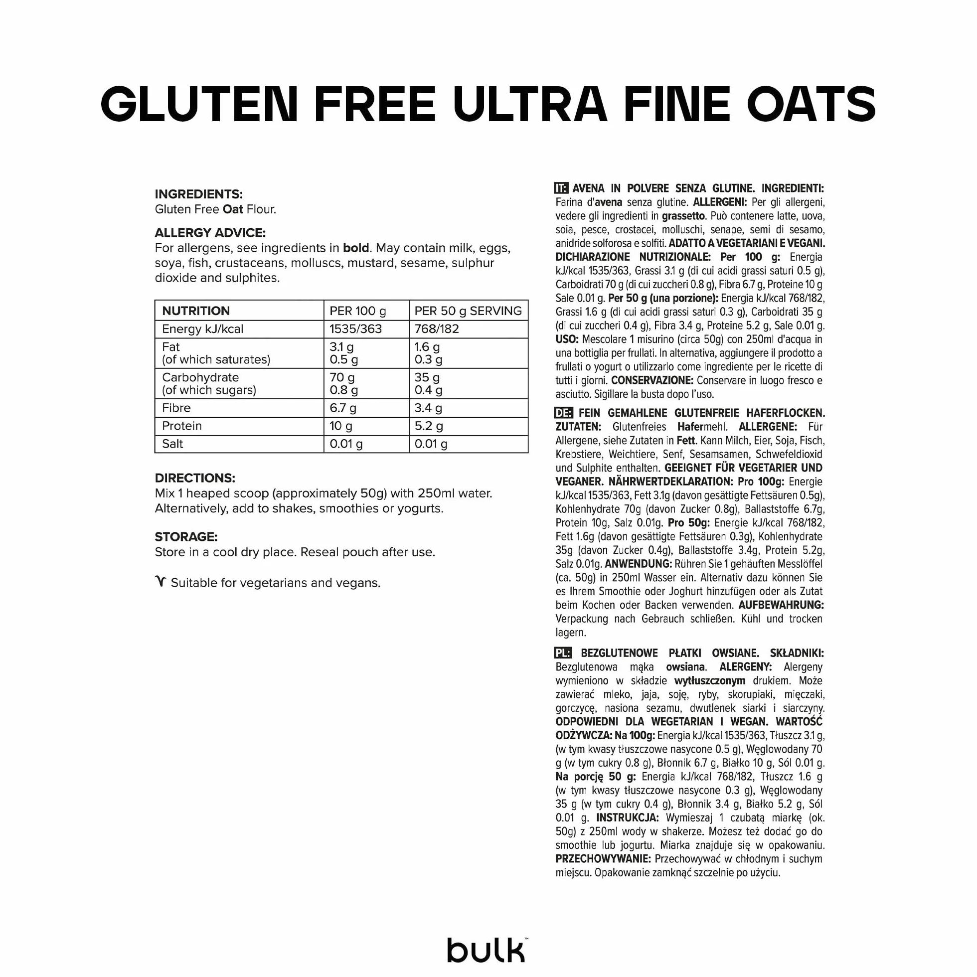 Harina de Avena Ultrafina Sin Gluten, 2.5kg, 50 Dosis