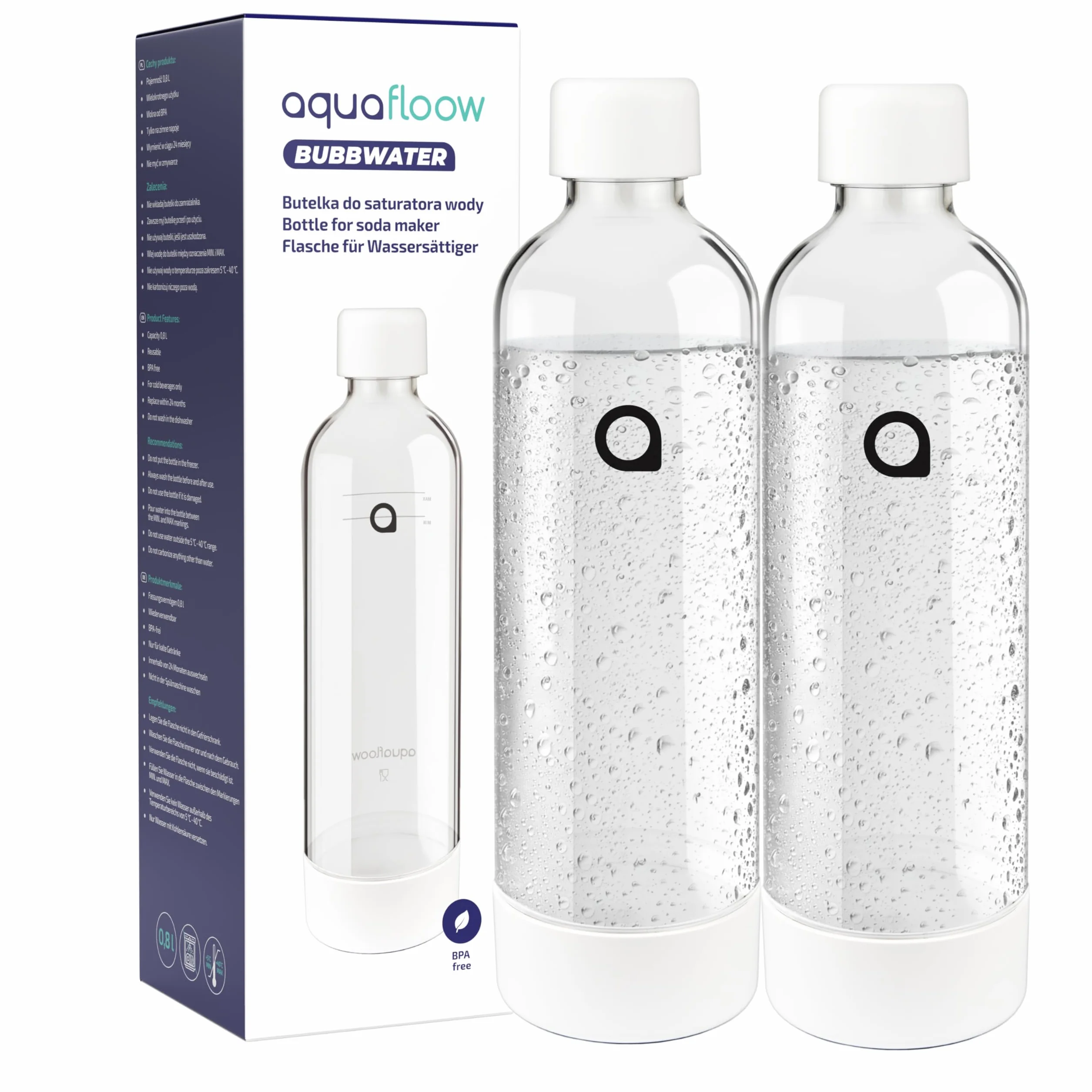 AquaFloow Carbonatador de Agua 2 Botellas 0,8L Cilindro CO2 60L Máquina Hacer Soda sin Electricidad Sparkling Water Maker Blanco