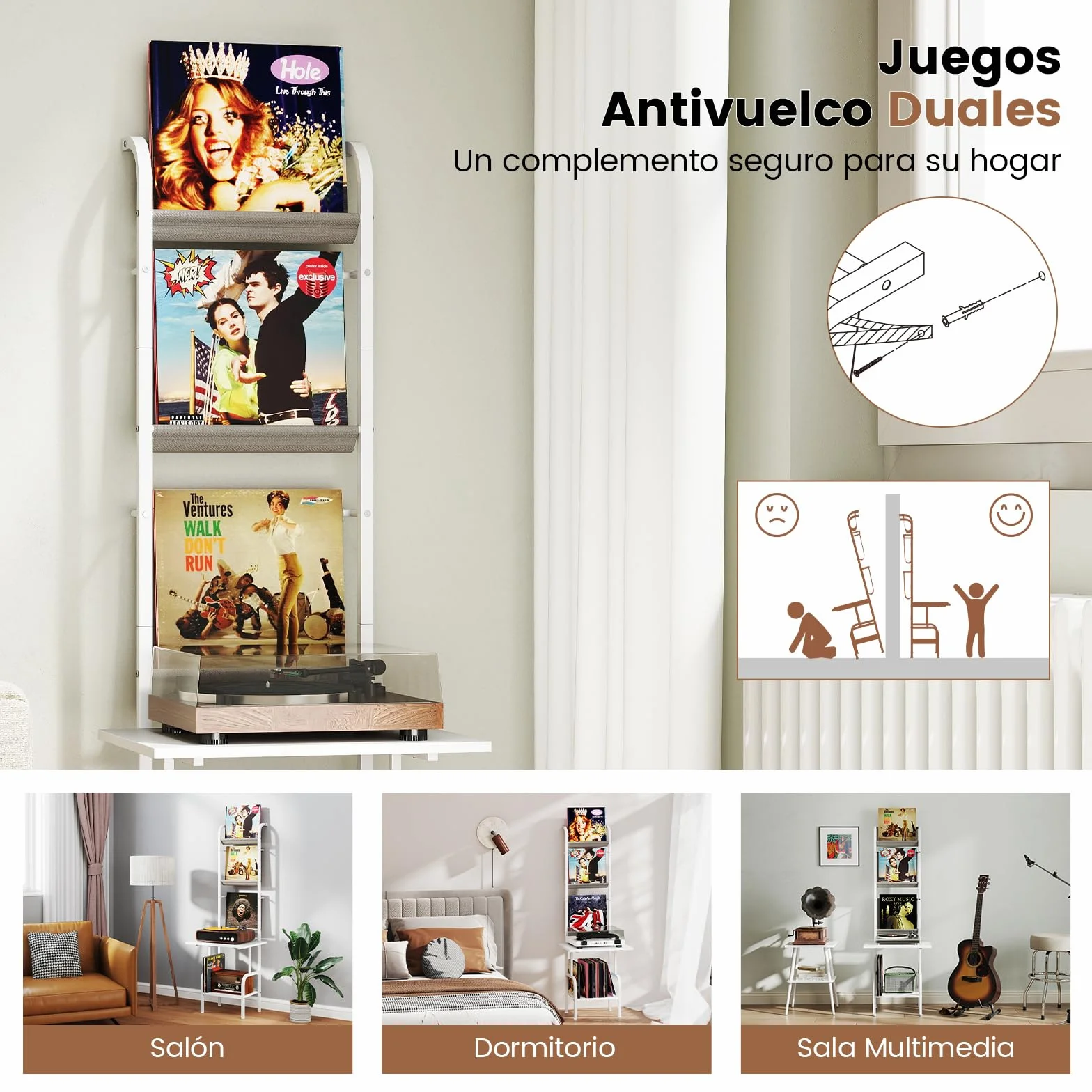 GOPLUS Soporte para Tocadiscos con Almacenamiento de 5 Niveles, Estantería Organizador para Vinilos con Juegos Antivuelco, Soporte para Tocadiscos con 3 Estantes para Discos de Vinilo (Blanco)