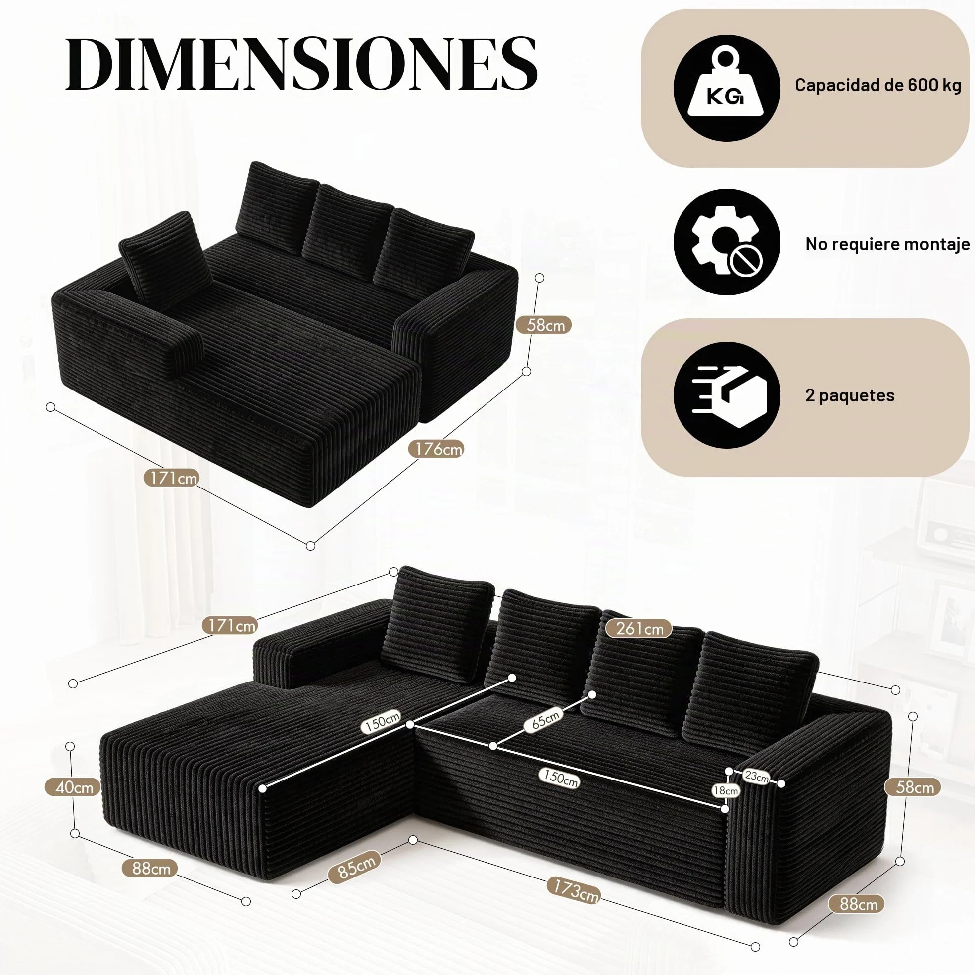 Sapgaks Sofá esquinero, sofá de 4 plazas, sofá de 3 plazas, sofá modular comprimido con chaise longue en forma de L, no requiere montaje (más pana negro)