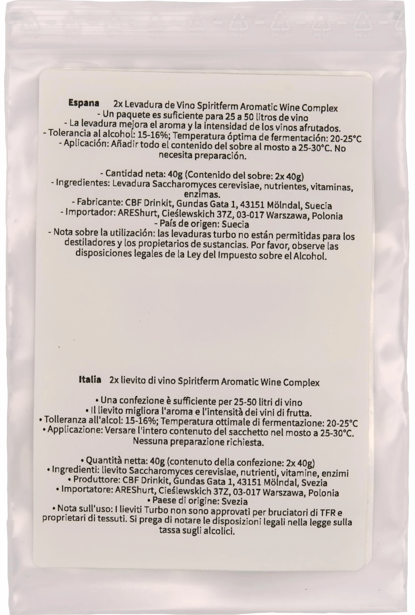 Spiritferm 2X levadura de Vino 40g para hasta 50 litros 15-16% Vino Blanco y Vino Tinto