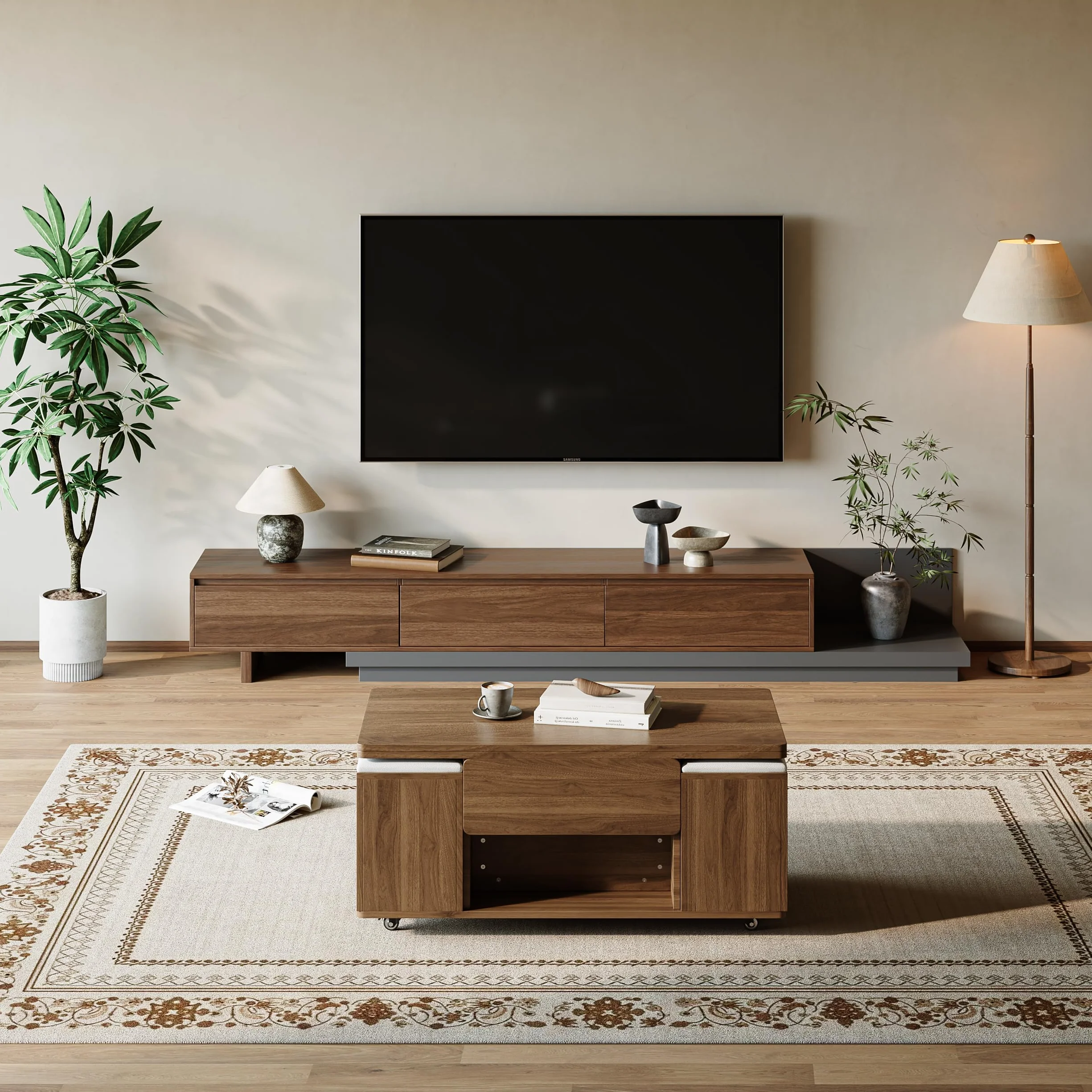 Homary Mueble TV Extensible 200–360 cm Mueble TV salón Moderno con 3 cajones Soft-Close y diseño Extensible para Muebles de salón Flexibles, Nogal y Gris