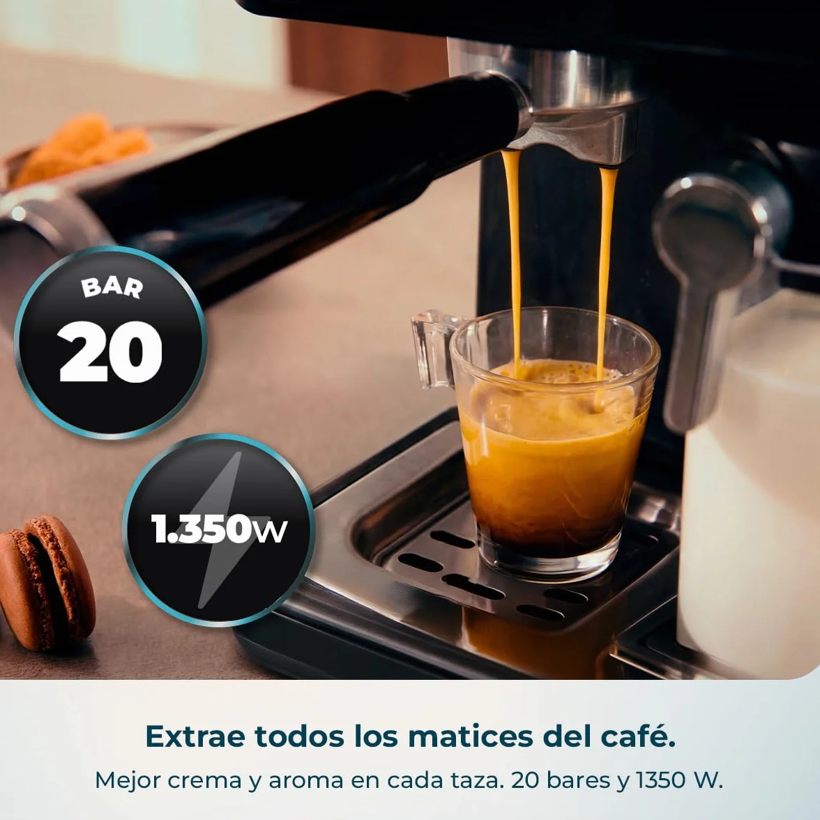 Cecotec Cafetera Express Semiautomática Power Espresso 1350W 20 Bares Pantalla Táctil 1.5L Depósito Agua 500ml Leche