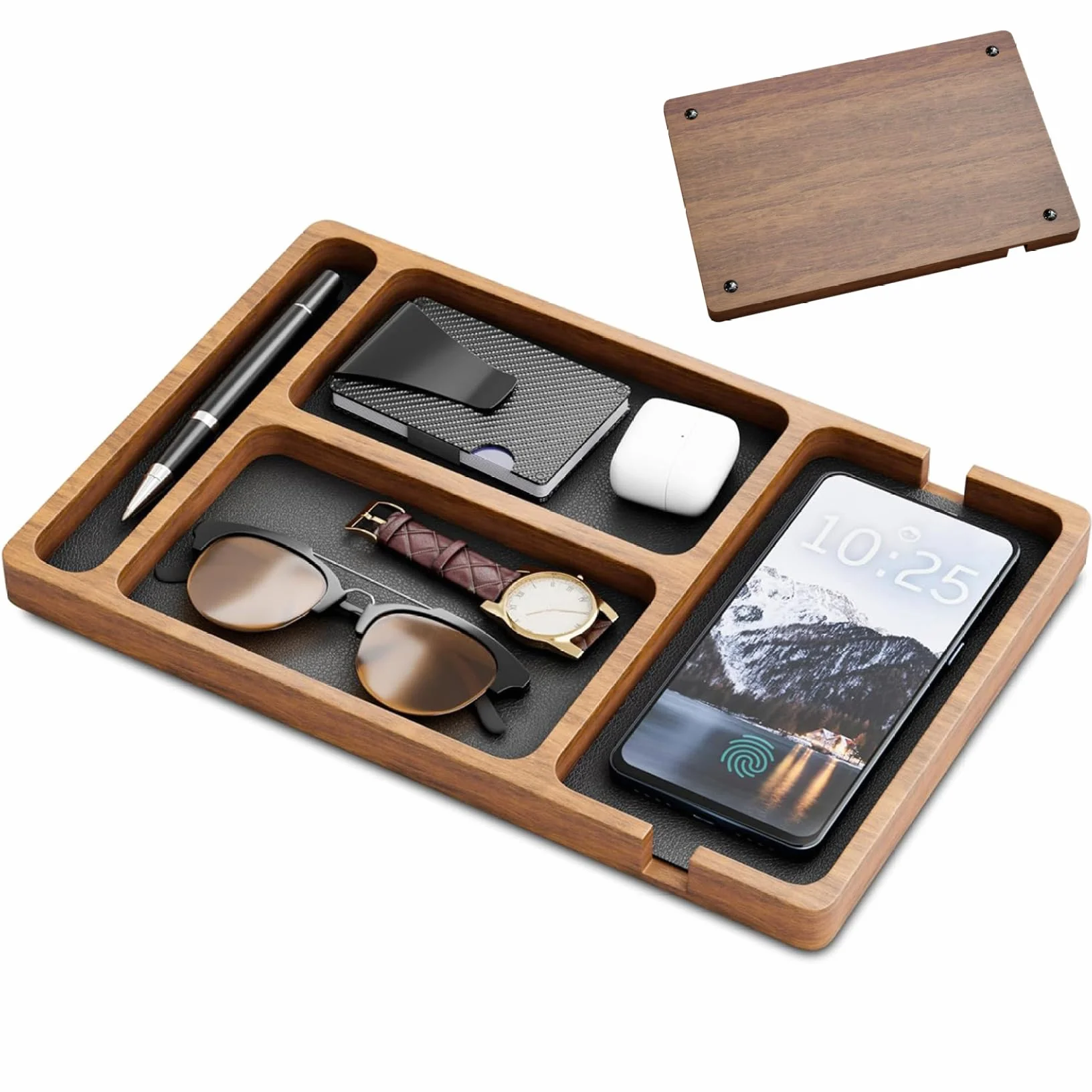 Bandeja de Valet de Madera con incrustación de Cuero, Organizador de Nocturno de Compartimento 12x8 para Hombres Mujeres, Captura Todo Bandeja para Llaves, teléfono, Billetera, Reloj, Auriculares, or