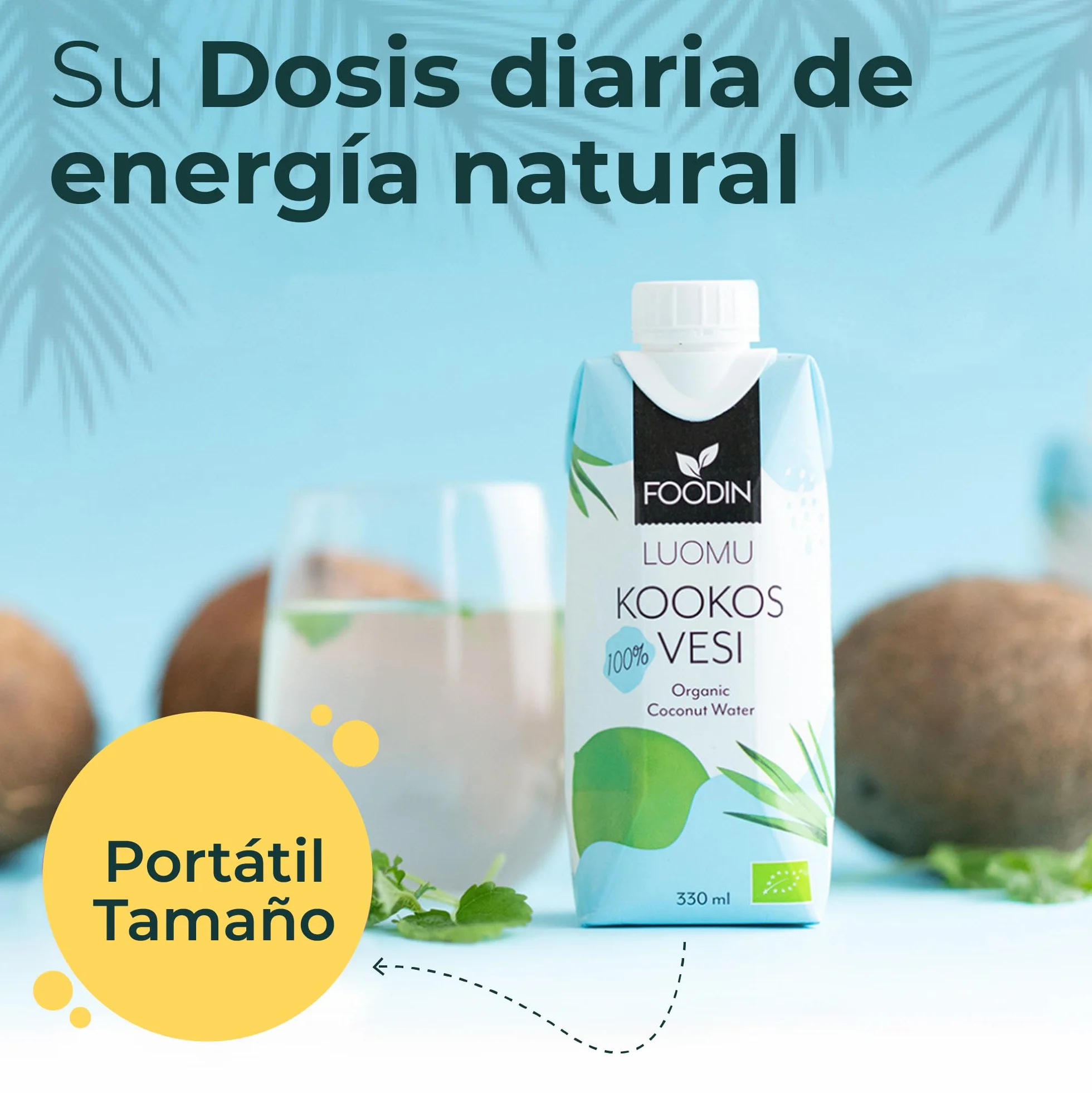 Foodin Agua de Coco Orgánica con Electrolitos, Sin Gluten, Sin OGM, Paquete de 12 (12x330ml)
