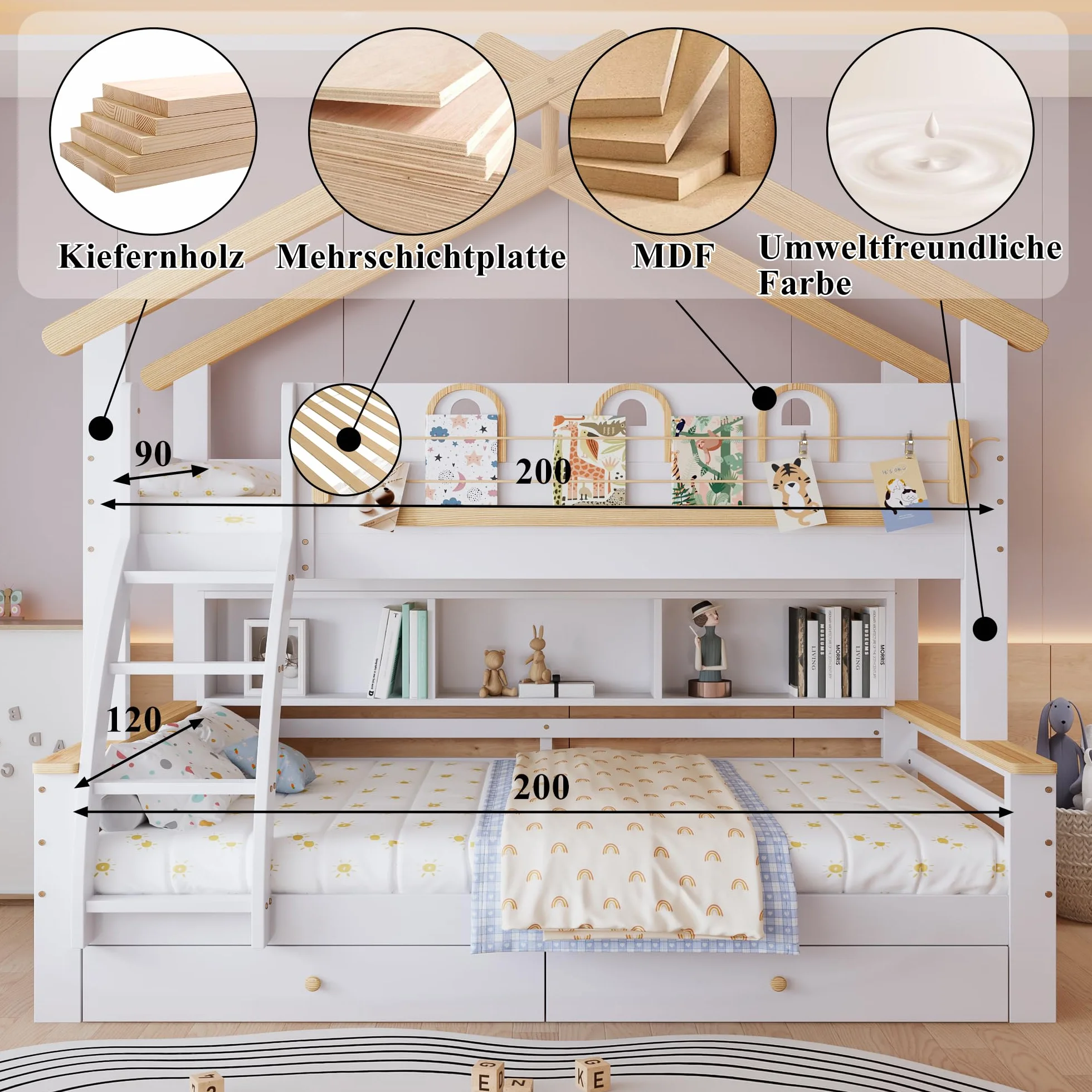 Litera, cuna, dos cajones con ruedas, exquisita barandilla decorativa y diseño de techo, escalera inclinada de cuatro pisos, pino + MDF, blanco + natural, 90 x 200 cm y 120 x 200 cm