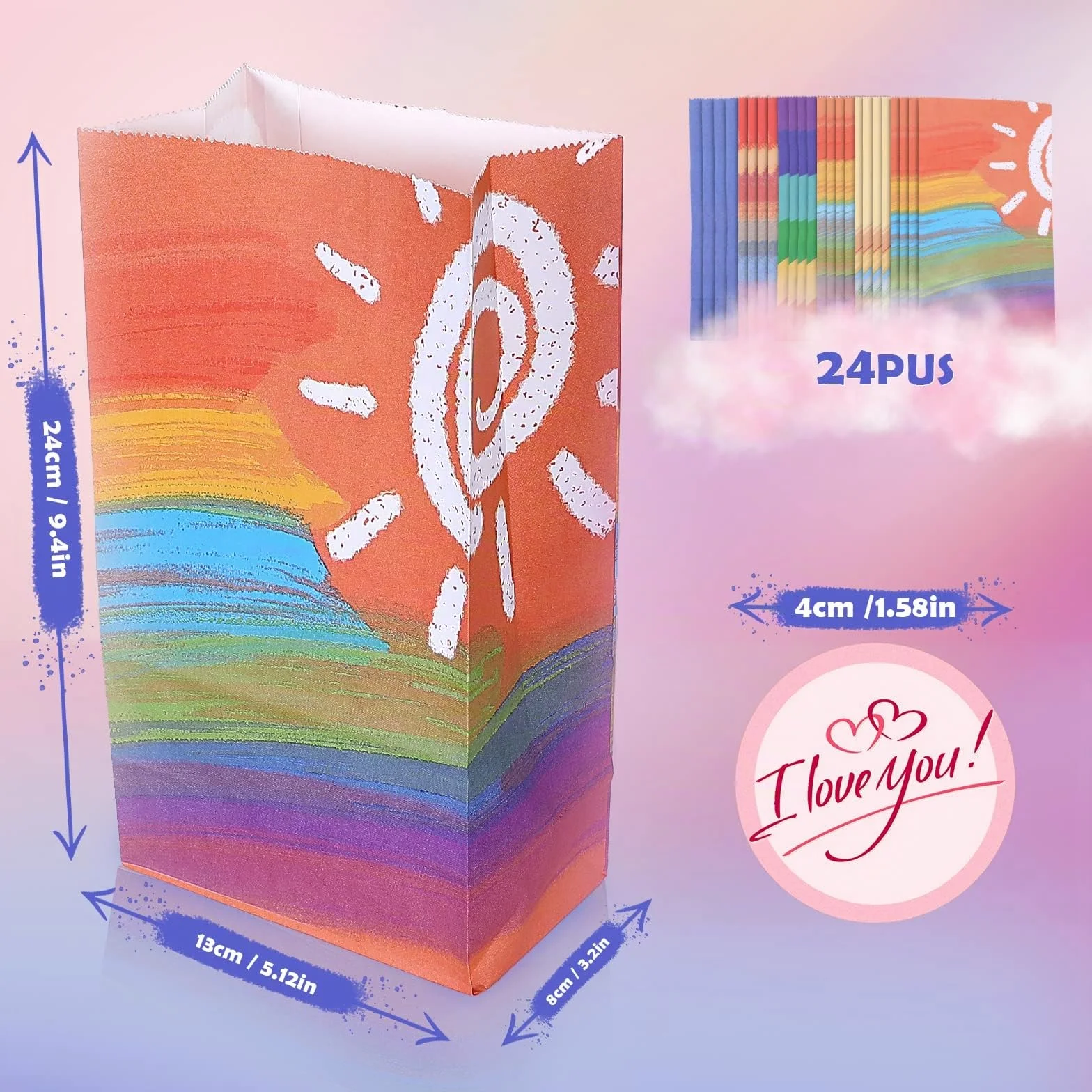 Romon Bolsitas para Regalos, 24 PCS Bolsas de Papel Kraft Arco Iris Bolsas Cumpleaños Infantil con 24 Pegatinas para Envolver Regalos, Regalos, Fiesta, Celebración, Boda, 1 item