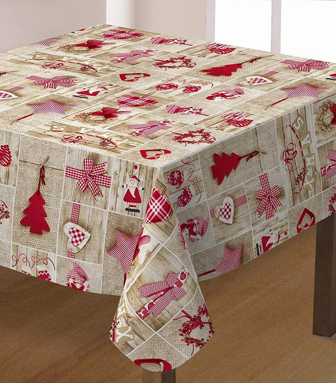Mantel Tela Resinada Antimanchas Estampado Navidad Beige y Rojo Patchwork (140_x_400_cm )