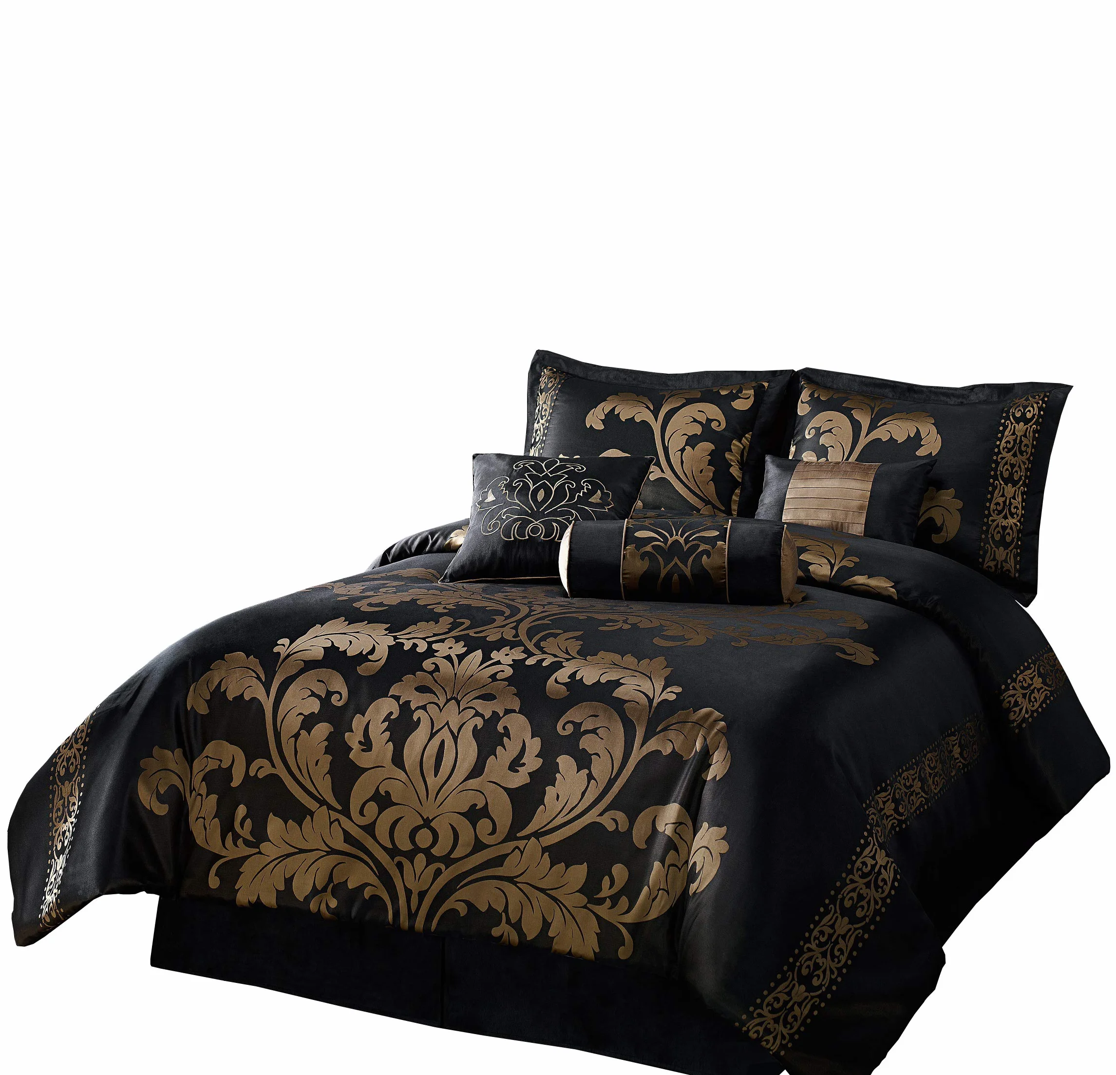 Chezmoi Collection Royale-Juego de edredón de 7 Piezas, Poliéster, Negro/Dorado, Rey