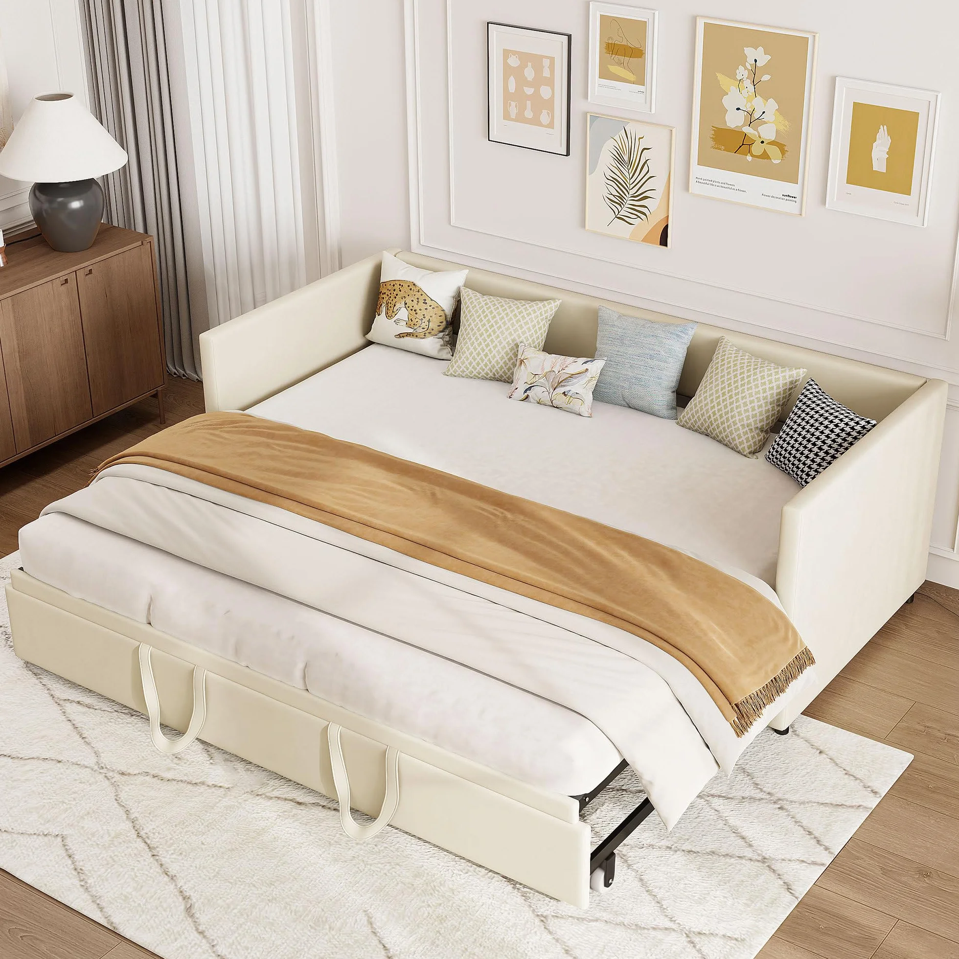 Sofá Cama de Matrimonio,Sofá Cama Extensible 90/180x200cm Sofa Cama Nido Doble Sofa Cama de 2 Plazas Camas de Día Extensible Sofas Camas Multifuncional,Sin Colchón (Beige, 90/180x200cm)
