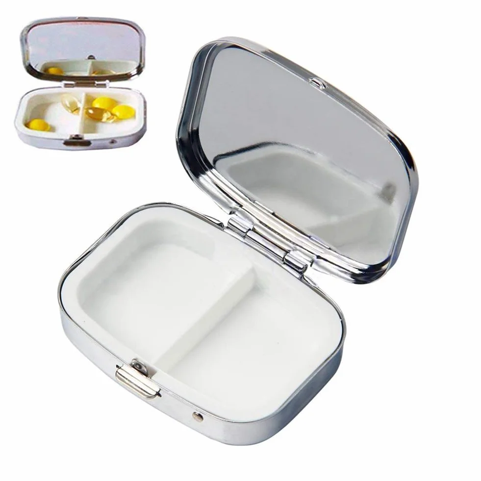 Pastillero metálico pequeño con espejo portátil 2 compartimentos para viajes
