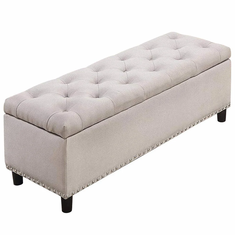 Bakaji - Baúl de almacenaje con reposapiés para Dormitorio, Banco con Estructura de Madera y Revestimiento de Tela, Asiento abatible Acolchado, Color Beige, Dimensiones: 121 x 42 x 43 cm.