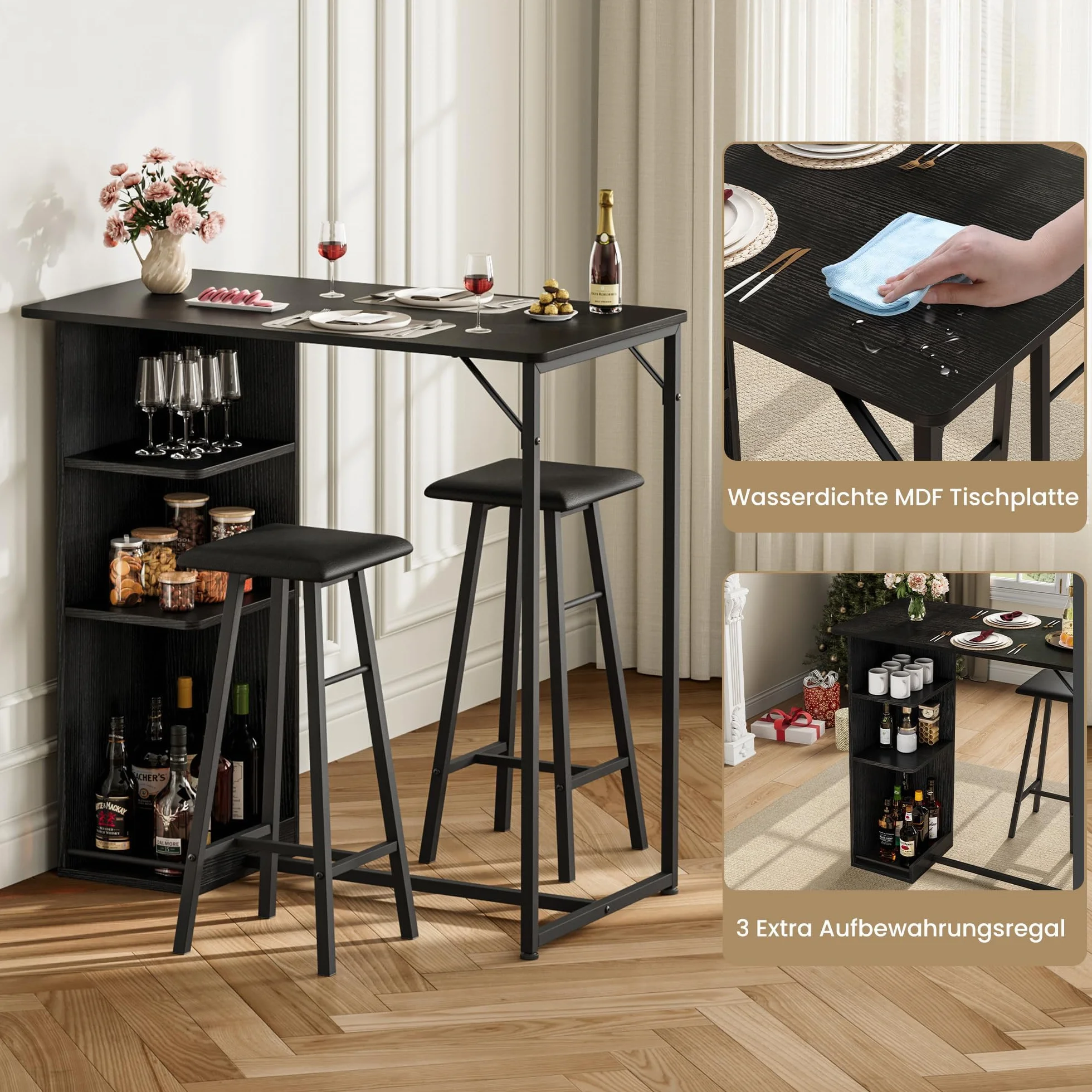 Garvee Conjunto de Bar Industrial 3 Piezas con 3 estantes – Mesa y 2 taburetes, Soporte para Copas – Ideal para Cocina o Comedor pequeño – Negro con Estructura y cojín Negros