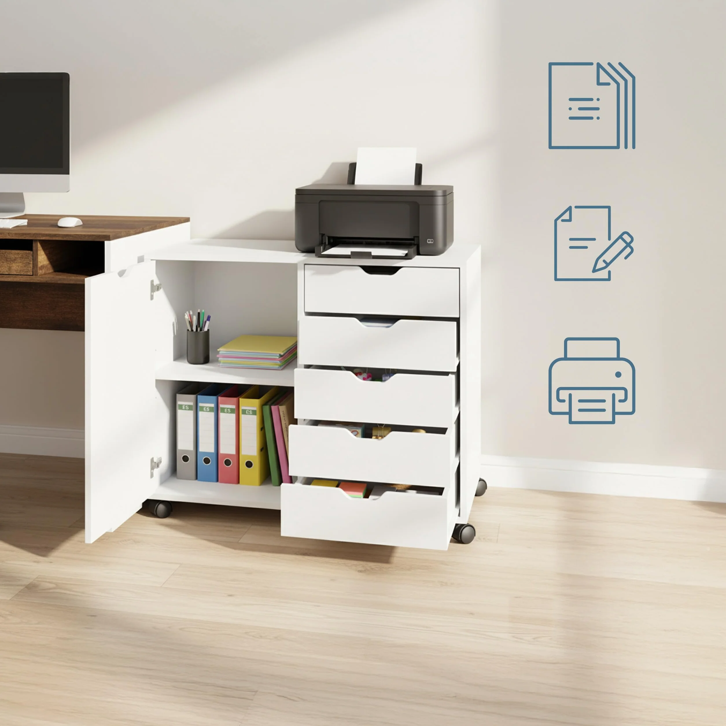 Contenedor con Ruedas Relaxdays, 5 cajones y 2 estantes, HBT: 65 x 78 x 40 cm, archivador móvil, Oficina, Blanco