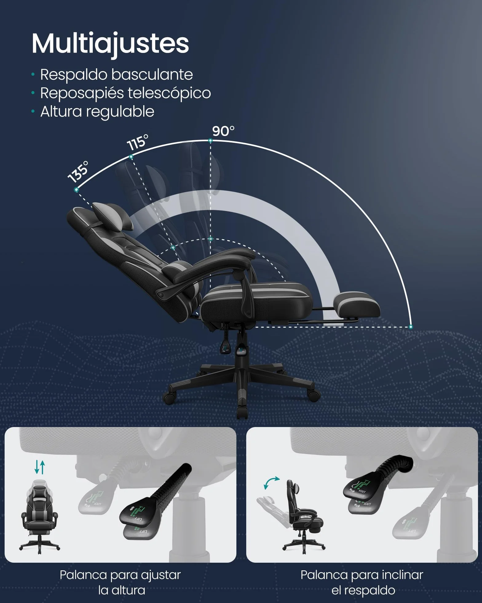 SONGMICS Silla de Oficina, Silla Gaming Ergonómica, con Reposapiés Telescópico, Respaldo Ajustable, Reposacabezas y Soporte Lumbar, Carga de 150 kg, Negro Tinta y Gris Paloma OBG073B03