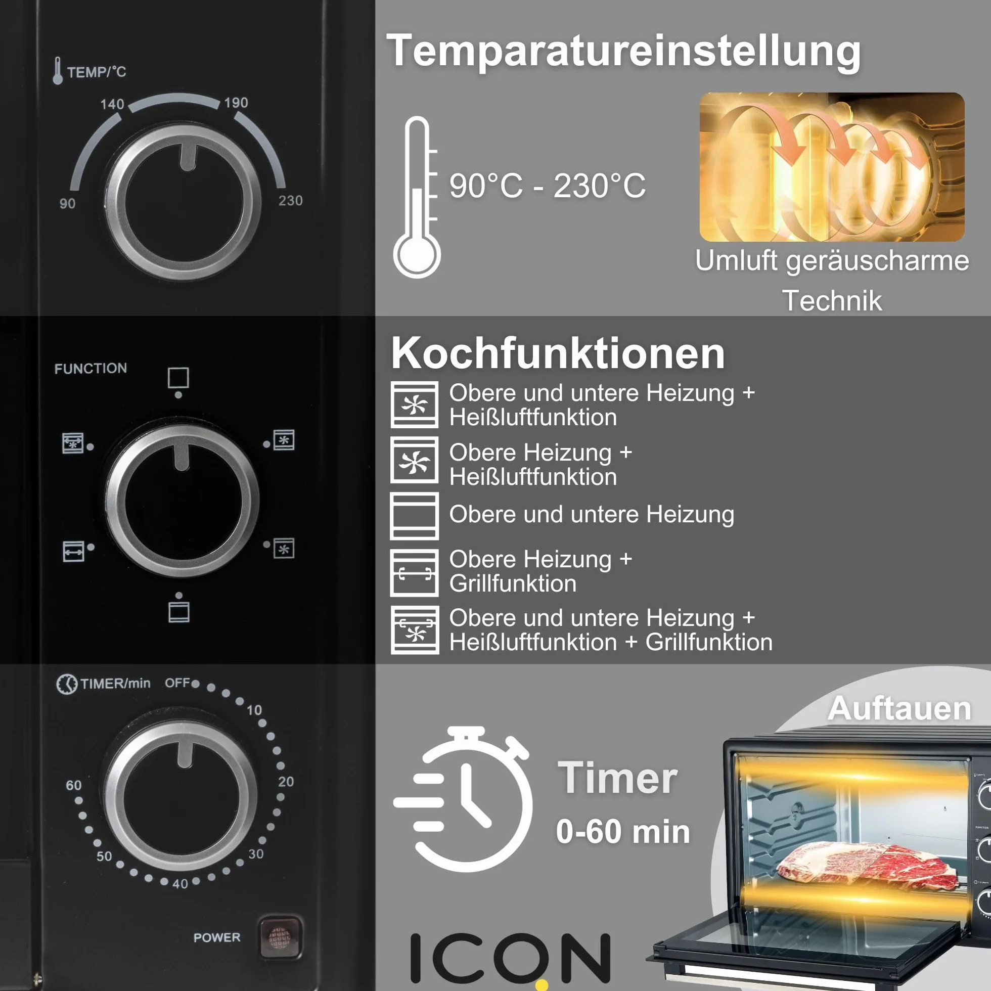 ICQN Mini Horno con Aire Forzado 50 Litros | Horno de Pizza con Temporizador 90 min