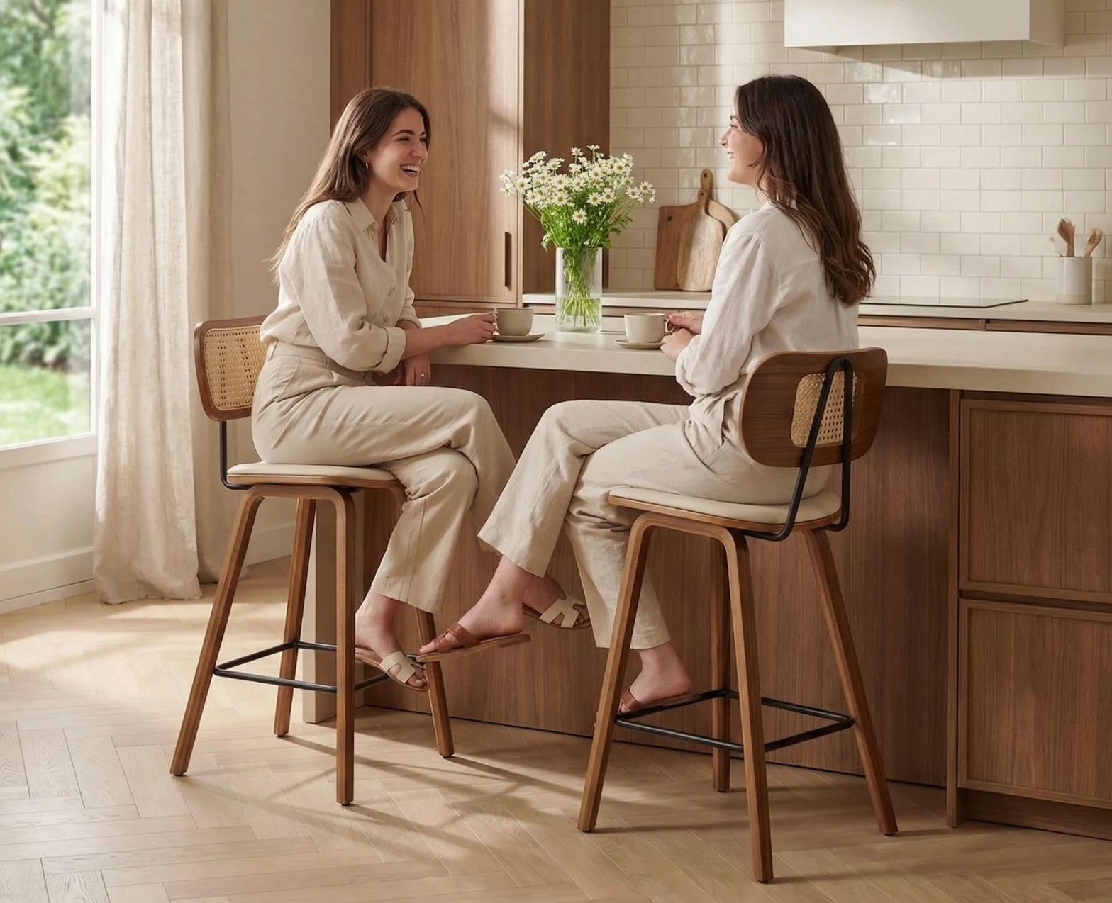 chairus Juego de 2 Taburetes de Bar de Madera Taburetes Altos de Cocina con Respaldo de Ratán, Sillas Altas con Asiento de Cuero PU para Isla de Cocina/Restaurante, Biege
