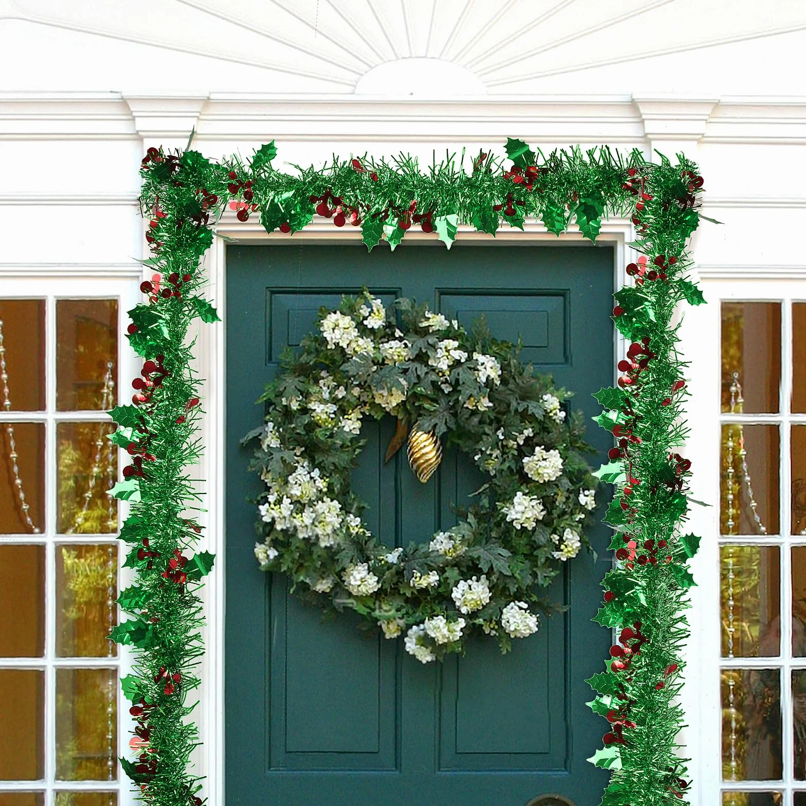 GEBETTER 6Pcs x 2m Guirnaldas Navidad, Espumillon Árbol Navidad, Oropel Hojas Verdes Bayas Rojas, Decoración Navideña Adorno Escalera Chimenea Pared Techo Ventana Hogar Fiesta Regalo (Verde)