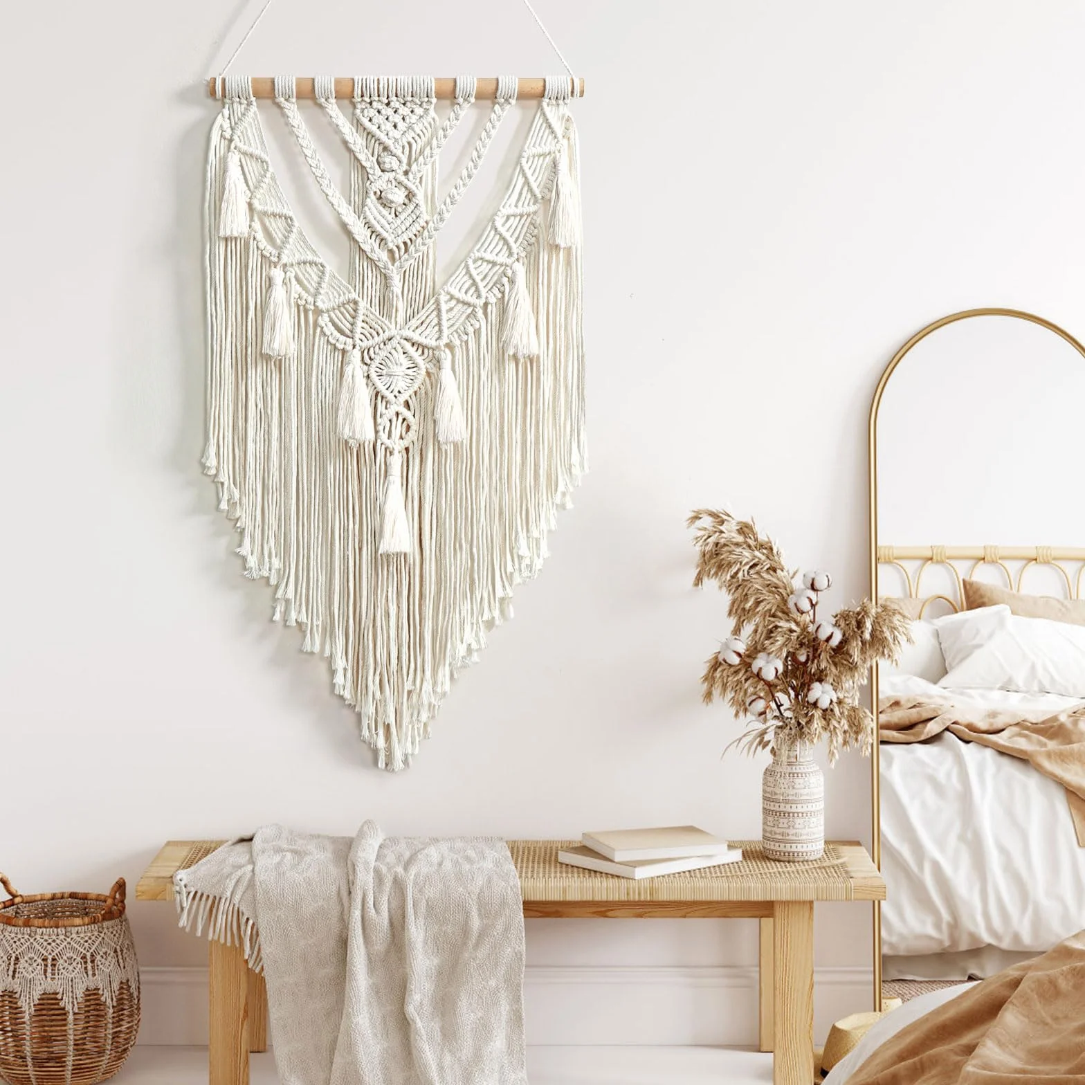 Betylifoy Tapiz de macramé de algodón hecho a mano, macramé, decoración bohemia, tapiz tejido con borlas, decoración de pared, apartamento, dormitorio, balcón, decoración, 70 cm (ancho) x 40 cm (largo