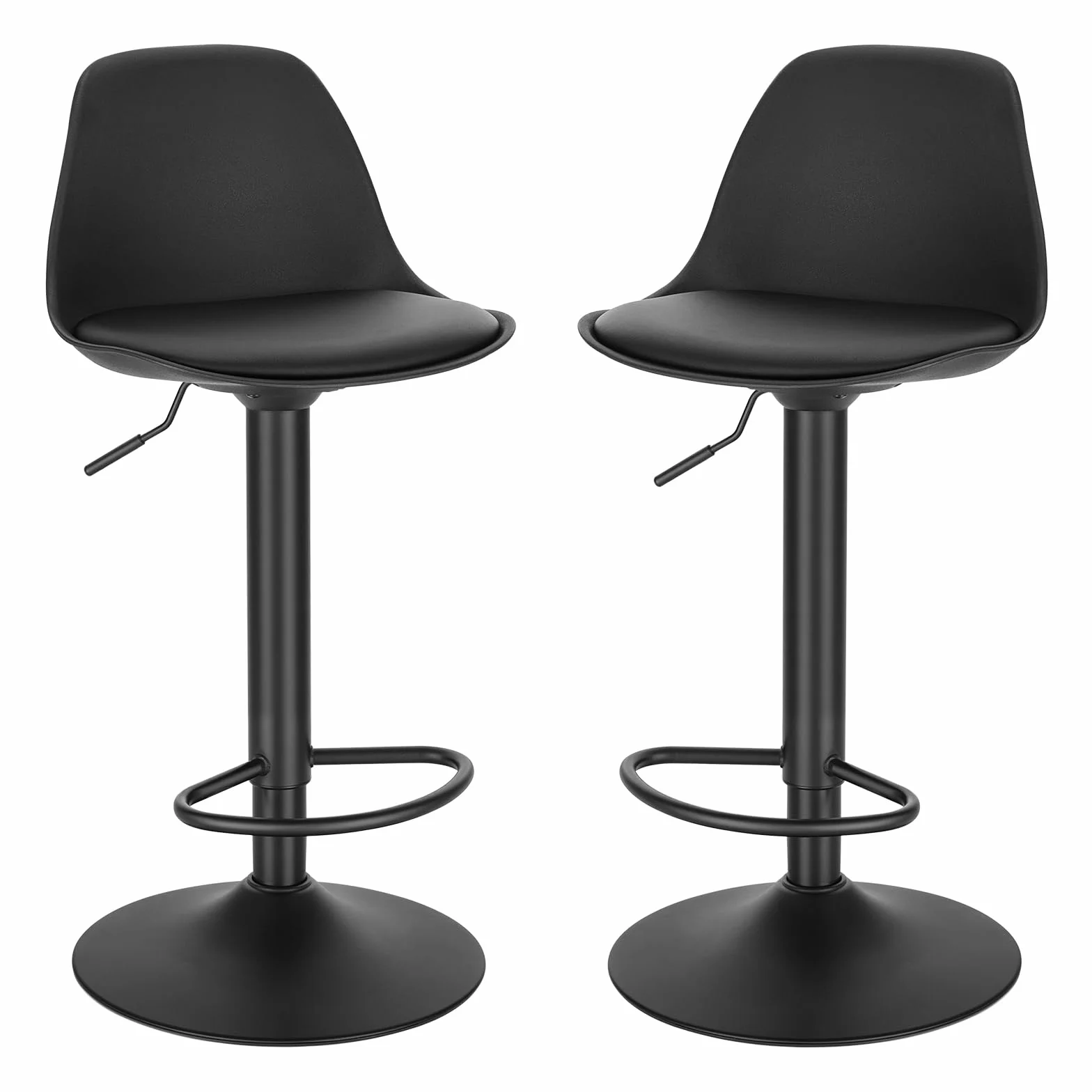EUGAD Juego de 2X Taburete de Bar Giratorio, con Altura Ajustable Entre 60,5 y 82 cm, Taburete de Cocina, Estructura Metal, con Respaldo y Reposapies, Negro Tinta, Cuero Sintético