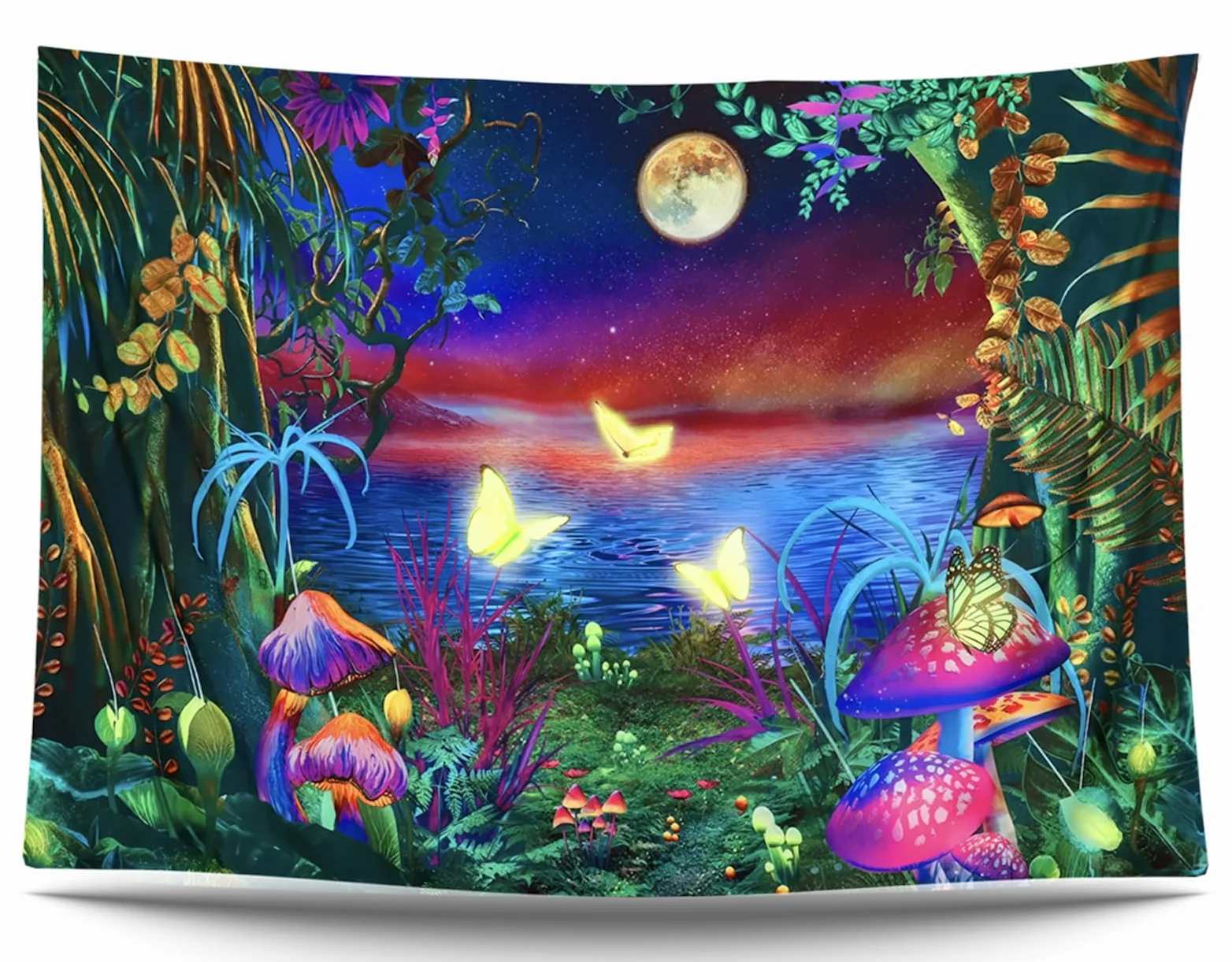 Ulticool Tapiz que Brilla en la Oscuridad Luz Negra Reactiva UV Setas Mariposas 200 x 150 cm