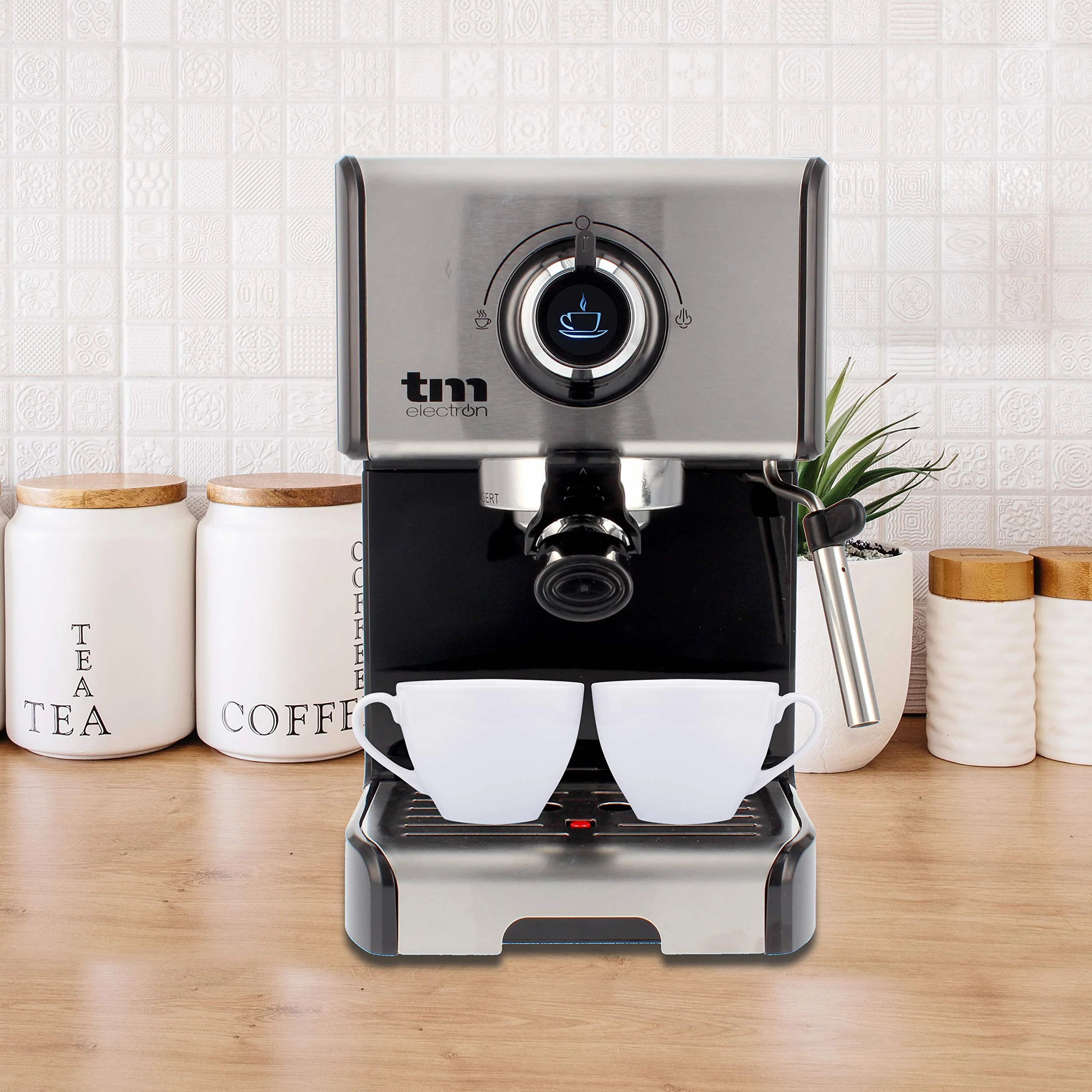 TM Electron TMPCF101 cafetera Espresso Manual con 15 Bares de presión, 1200W, depósito 1,2 L, espumador de Leche, 3 Funciones, Fabricado en Acero Inoxidable