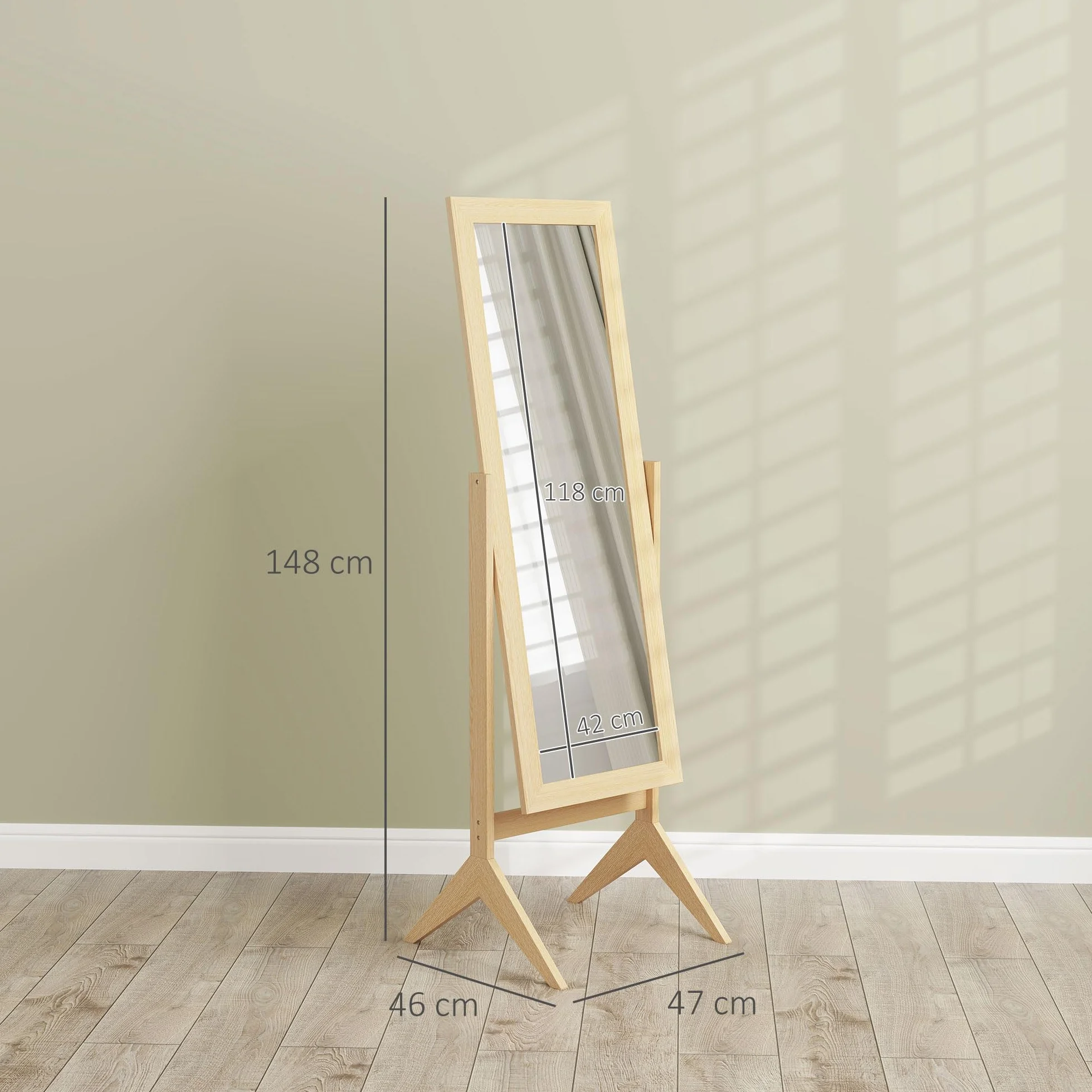 HOMCOM Espejo de Pie Cuerpo Entero Reclinable 47x46x148 cm, Espejo de Cuerpo Entero Independiente con Soporte y Marco Rectangular, para Dormitorio, Salón, Roble