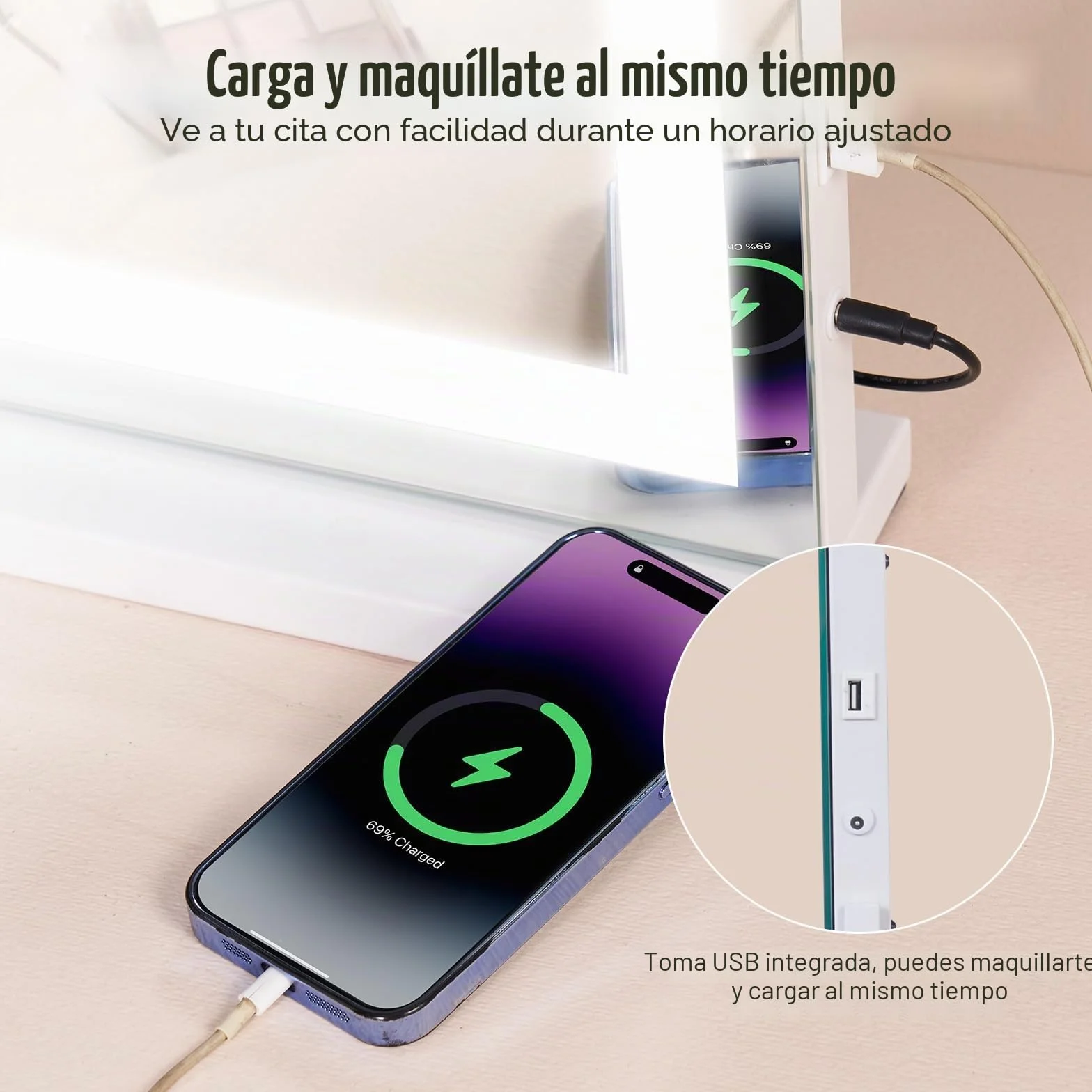 VEVOR Gran Espejo de Maquillaje Iluminado con Tres Modos de Iluminación de Color, LED Luces, Aumento de 5X, Puerto USB, Control Táctil Inteligente, Montaje en Pared de Escritorio, 800 x 120 x 572 mm