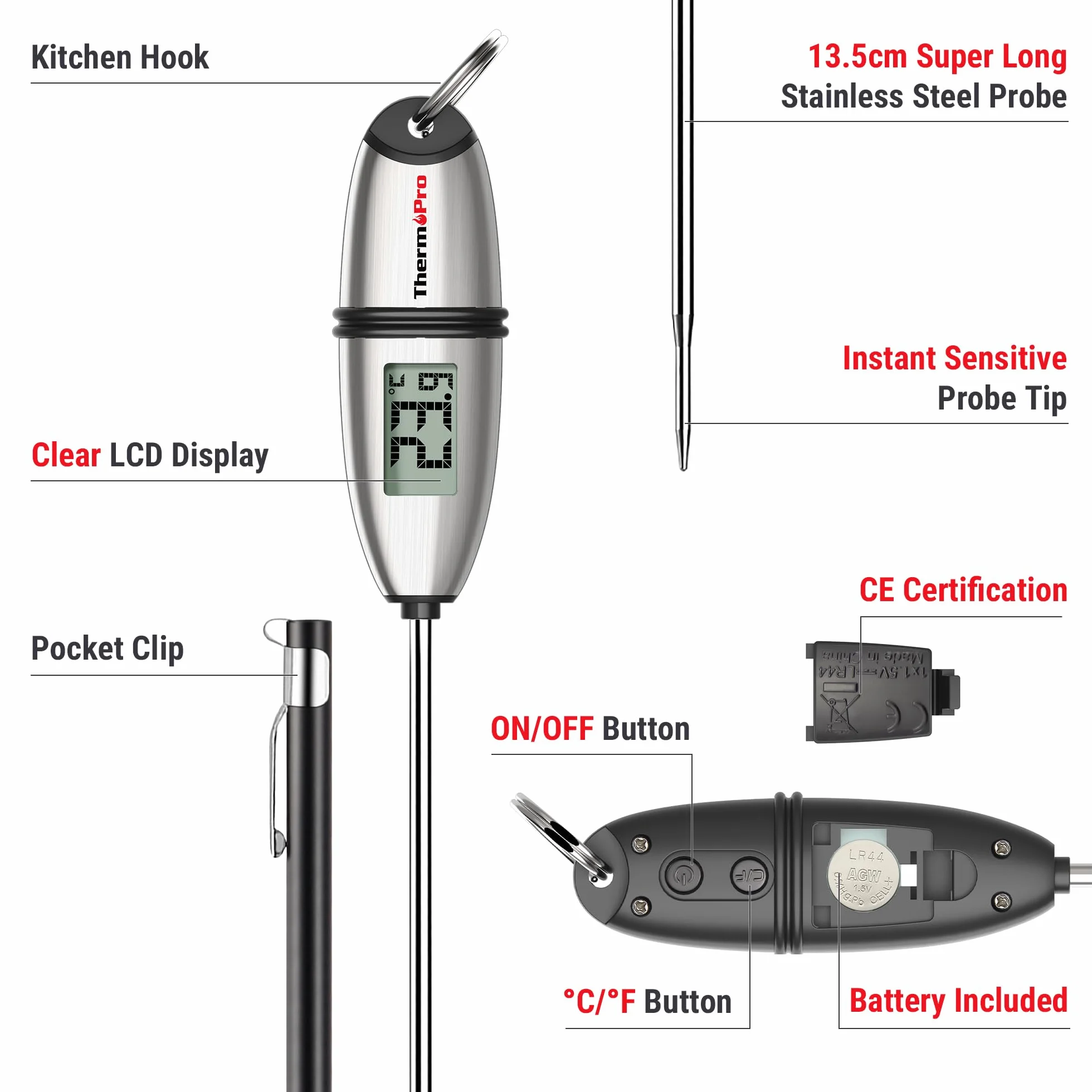 ThermoPro TP02S Termómetro Cocina Lectura Instantánea Digital Sonda Larga Carne Barbacoa
