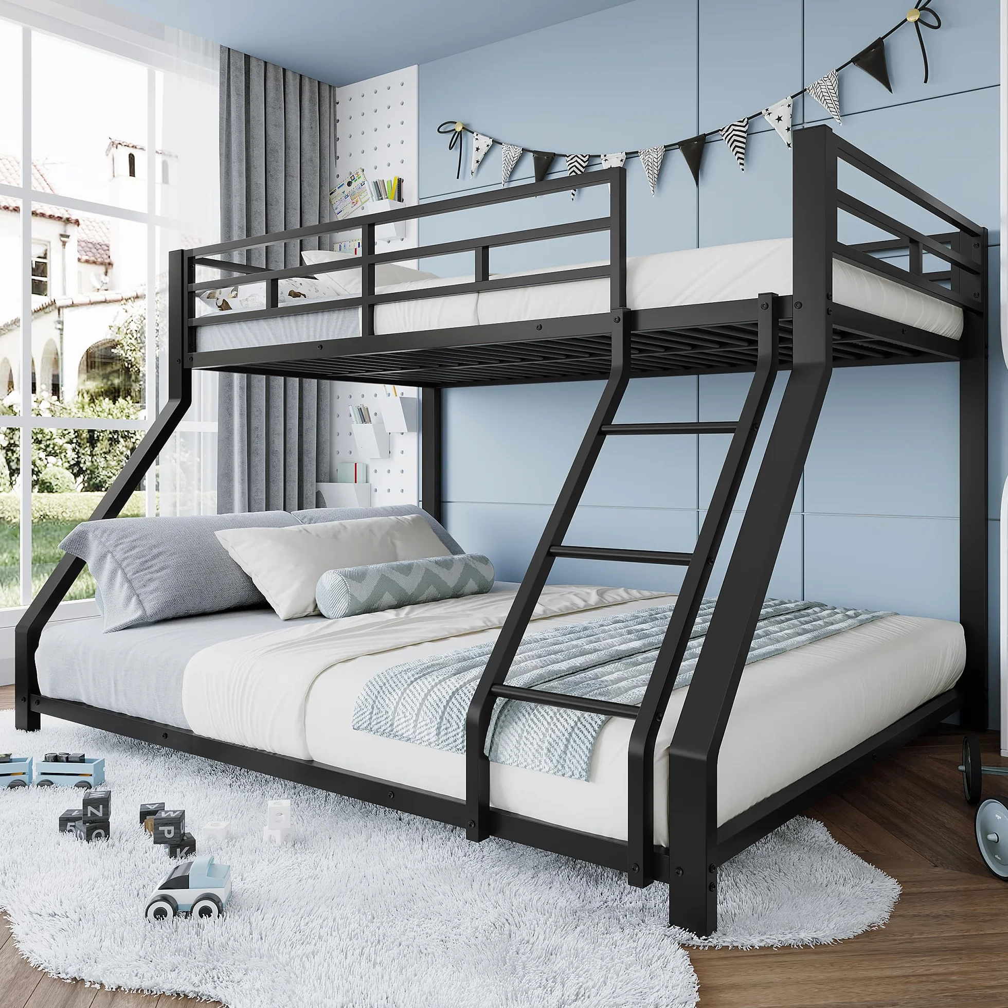 Litera doble para niños, barandilla, con escalera segura, sin colchón, diseño elegante, adecuado para cualquier decoración de habitación infantil, metal, 90 x 200 cm, 140 x 200 cm (negro)