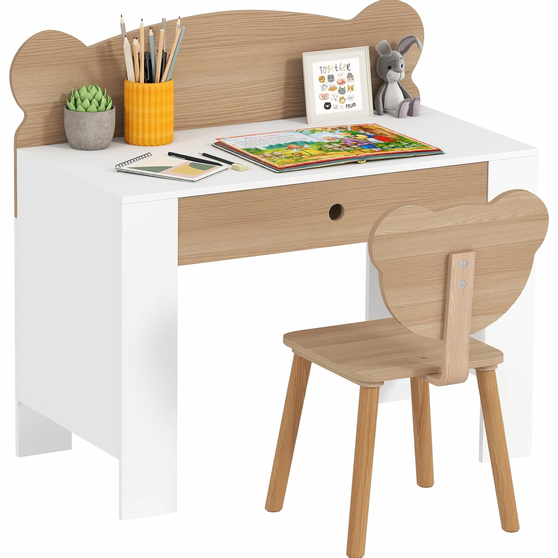AIYAPLAY Escritorio Infantil con Silla Osito Mesa Niños Cajón Estudiar Dibujar Leer Pupitre Estudio Dormitorio Sala Natural
