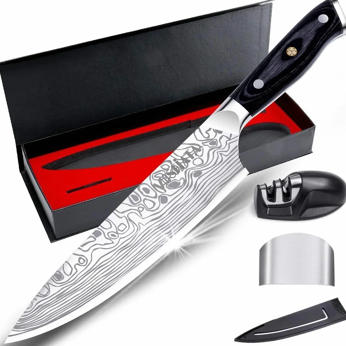 MOSFiATA Cuchillos de Cocinero Profesional, 20cm, Acero Inoxidable Alemán con Afilador, Protector de Dedos y Funda, para Fruta, Verduras y Carne
