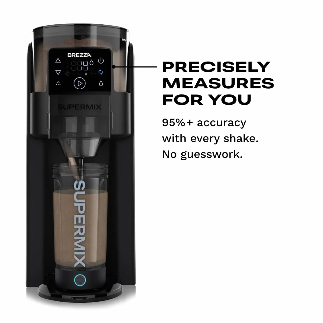 BREZZA Supermix - Máquina automática de batidos de proteínas, dispensador eléctrico de polvo y sistema de taza de mezcla, Tritan sin BPA de 24 onzas, 95% de precisión, batidos sin grumos en 25