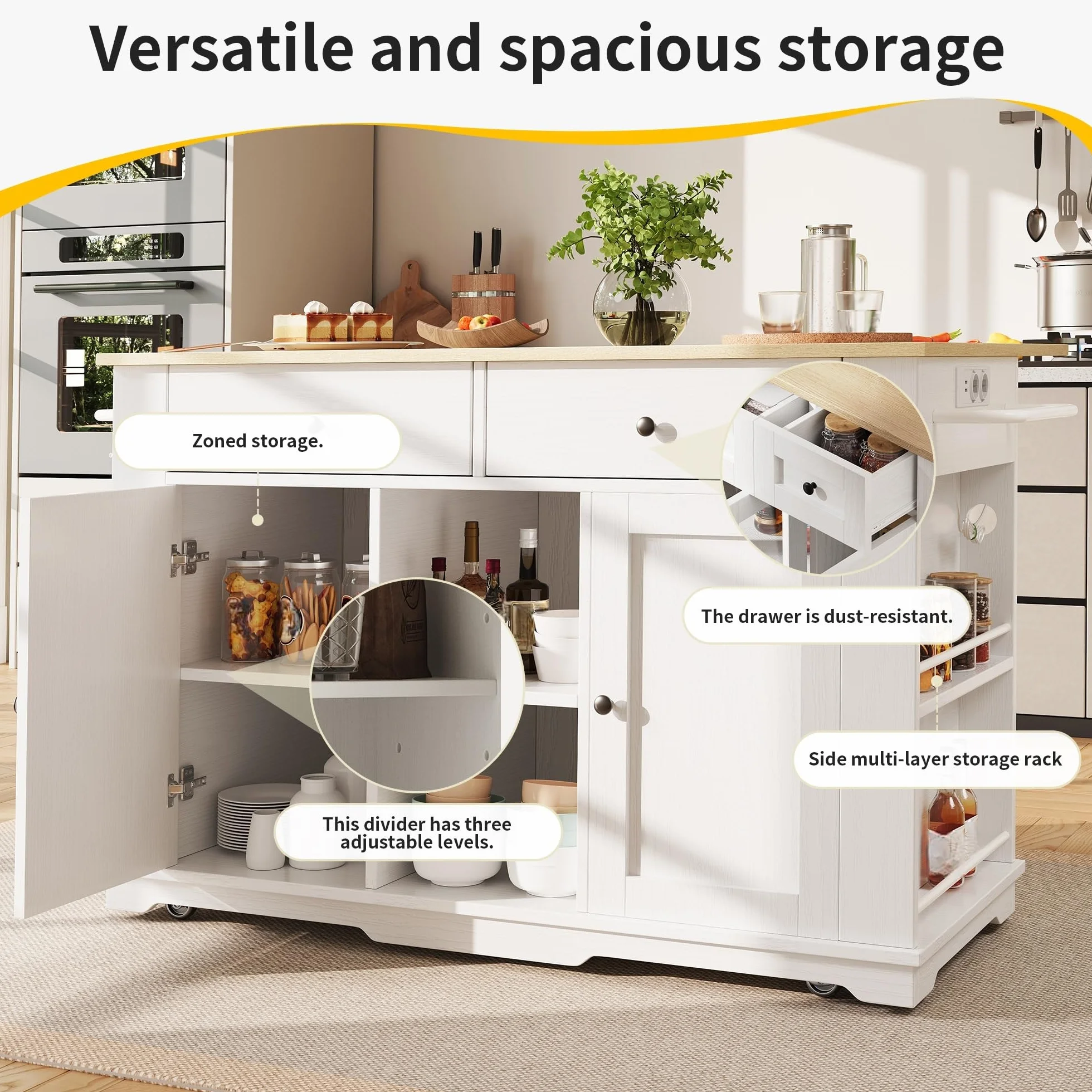 Isla De Cocina, Carro de Cocina con Encimera Extensible, Mueble Auxiliar de Salon con Ruedas y Tomas de Corriente, Mueble Buffet con Cajones y Puertas, 151.5x59.7-84.7x91.7cm (Blanco)