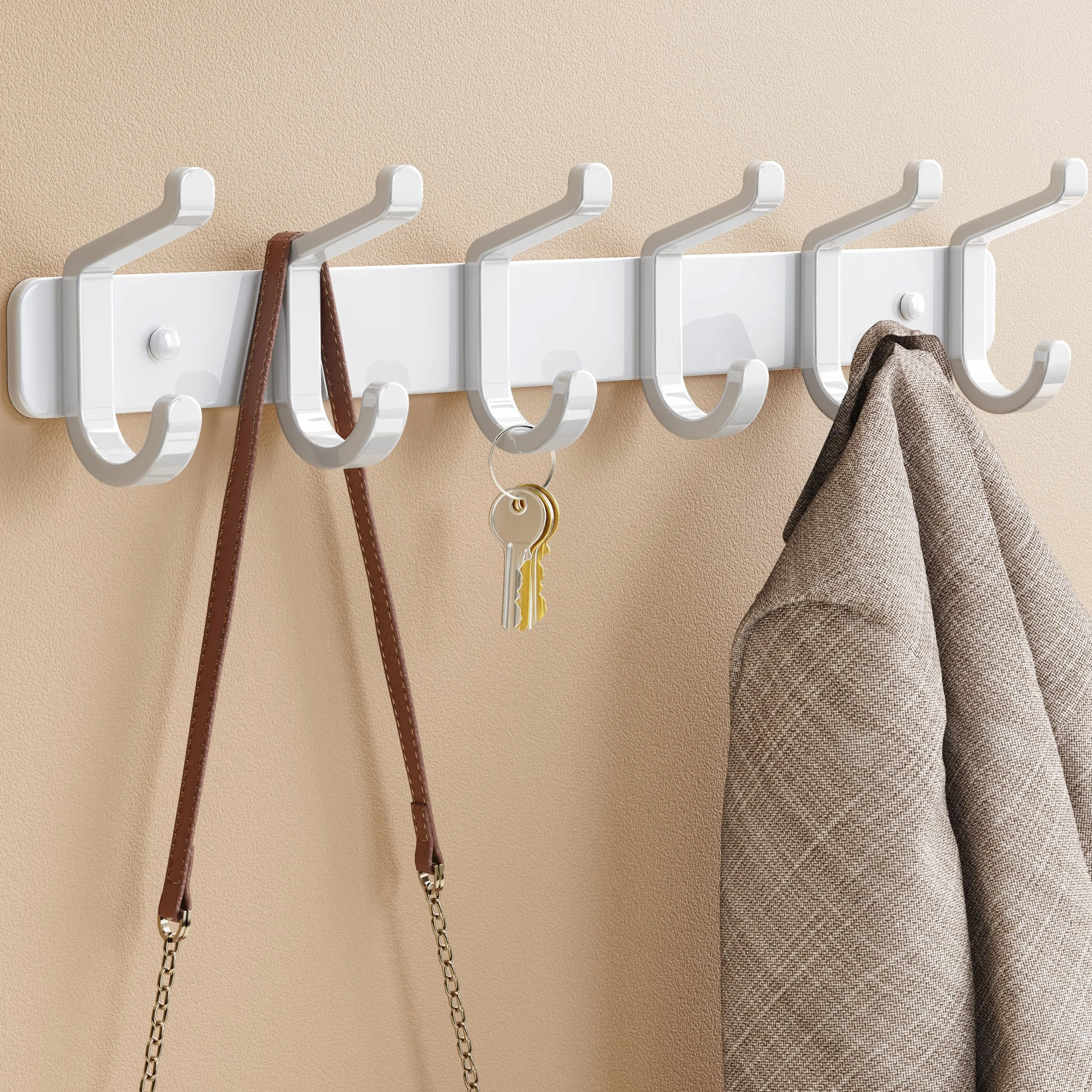 Juego de 2 percheros de pared con 6 ganchos, percheros de metal, perchero de pared para chaquetas, bolsos, sombreros, bufandas, barra para colgar ropa en el dormitorio, armario, baño o cocina (blanco)