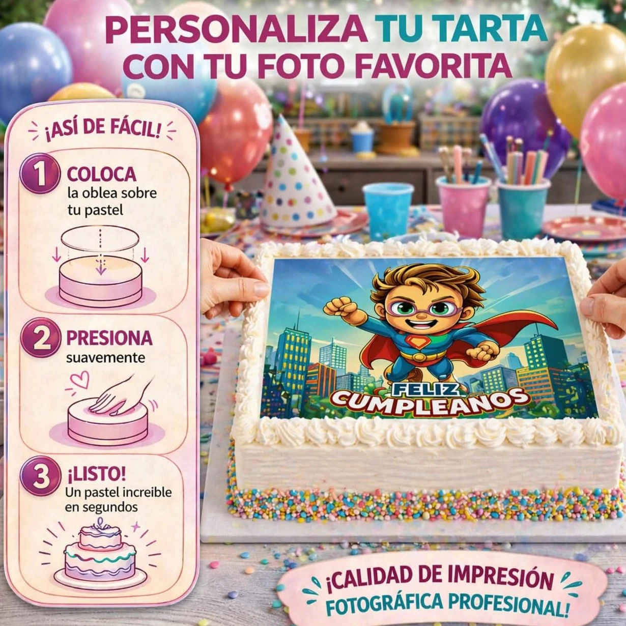 Oblea Papel de Azúcar Personalizada para Tarta con Foto Nombre Edad Imagen Comestible Cumpleaños Calidad Fotográfica Profesional Varios Tamaños Rectangular