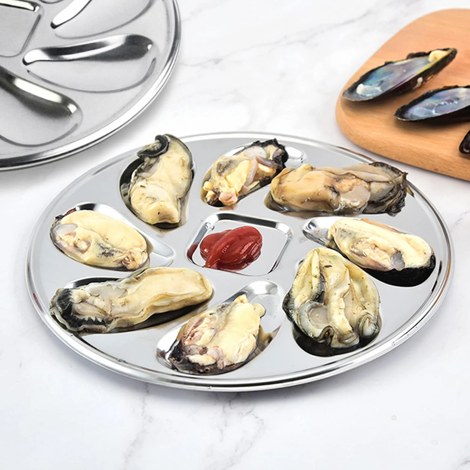 Plato De Ostras De Acero Inoxidable,3pcs Bandejas Para Servir Ostras Con 8 Agujeros + 1 Depósito De Salsa De Almacenamiento Reutilizable Para Cocina Restaurante Occidental Plato De Mariscos