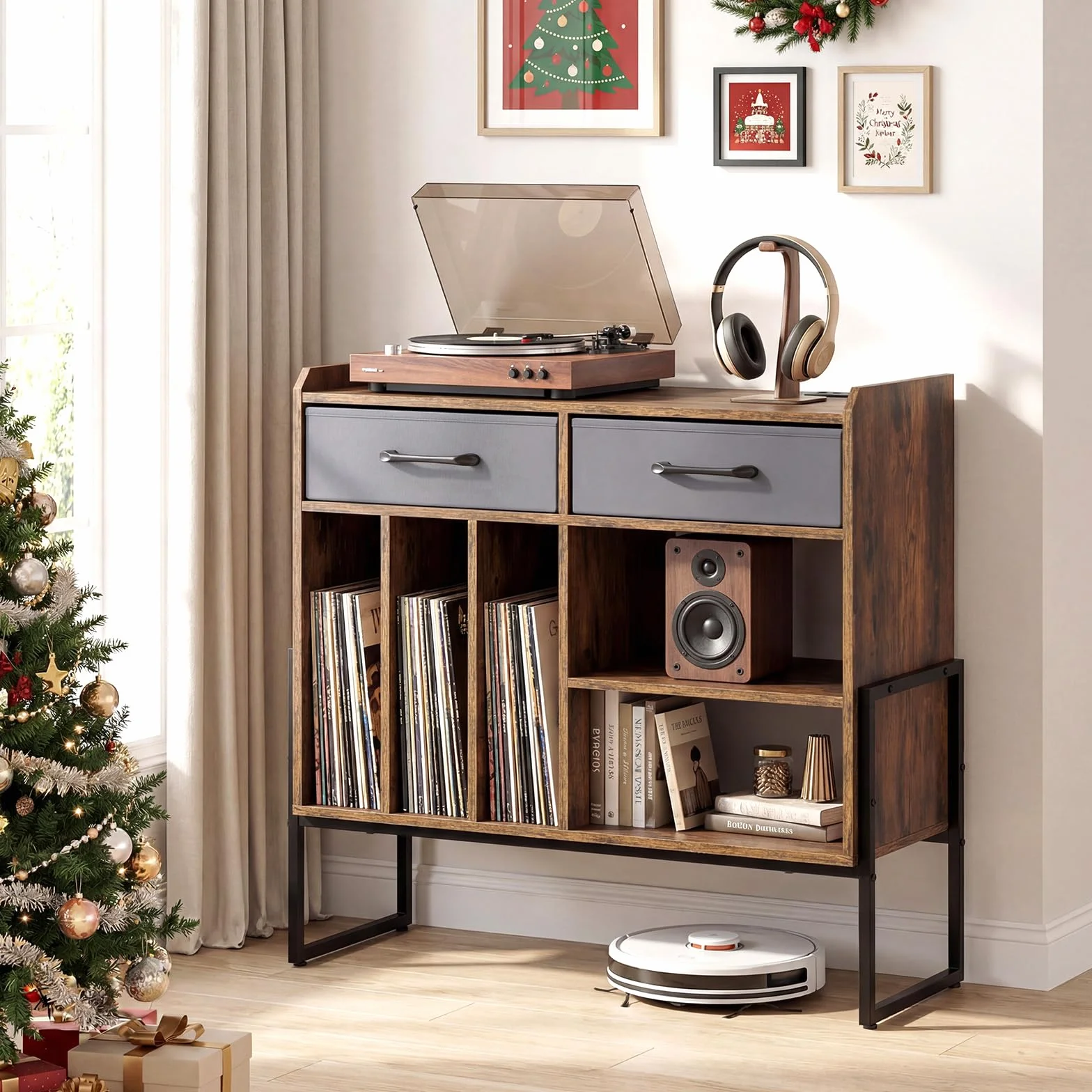 COSTWAY Mueble para Tocadiscos y Vinilos con Estación de Carga, 5 Compartimentos, 76x35,5x68,5 cm