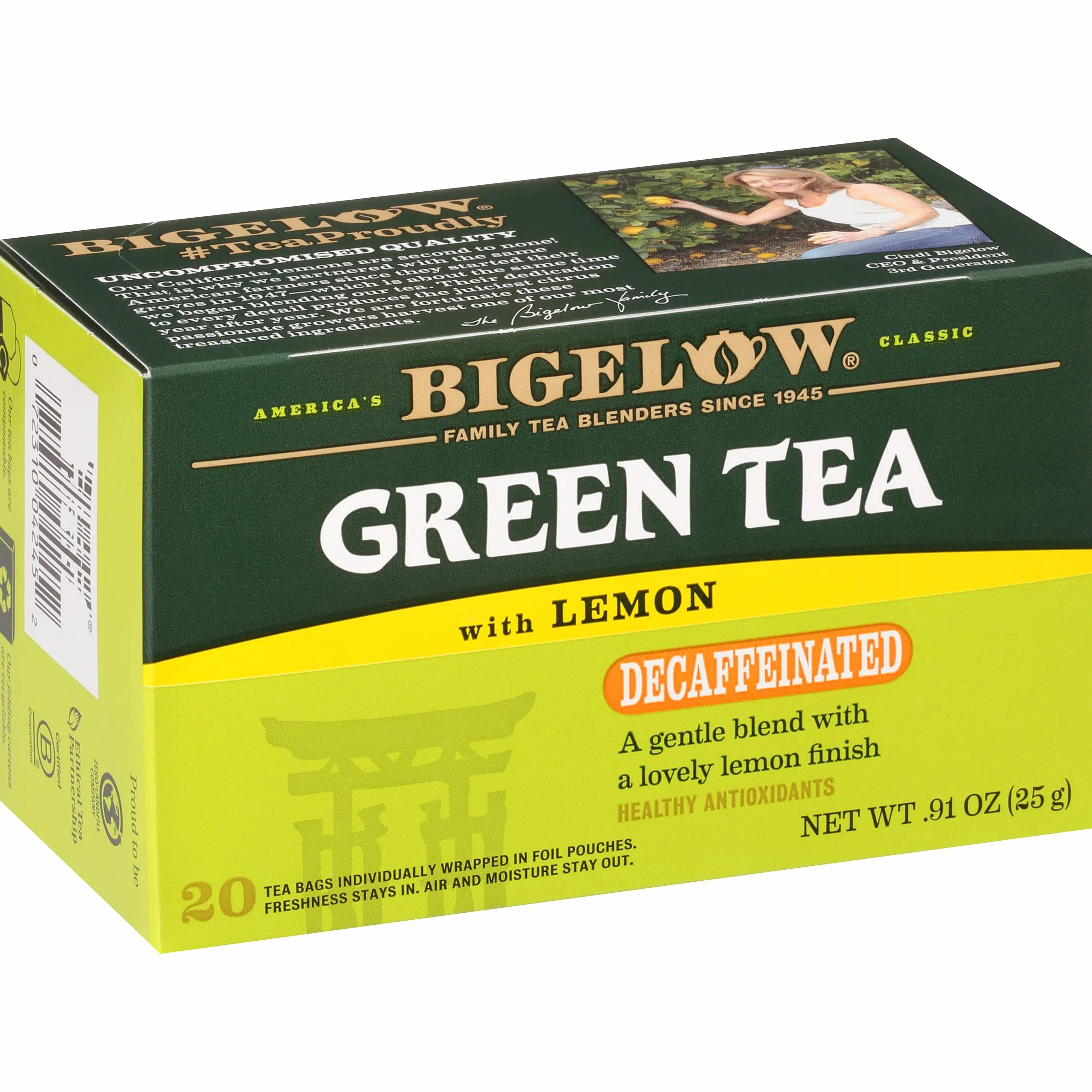 Bigelow Tea Té verde descafeinado con limón, paquete de 6 cajas de 20 unidades